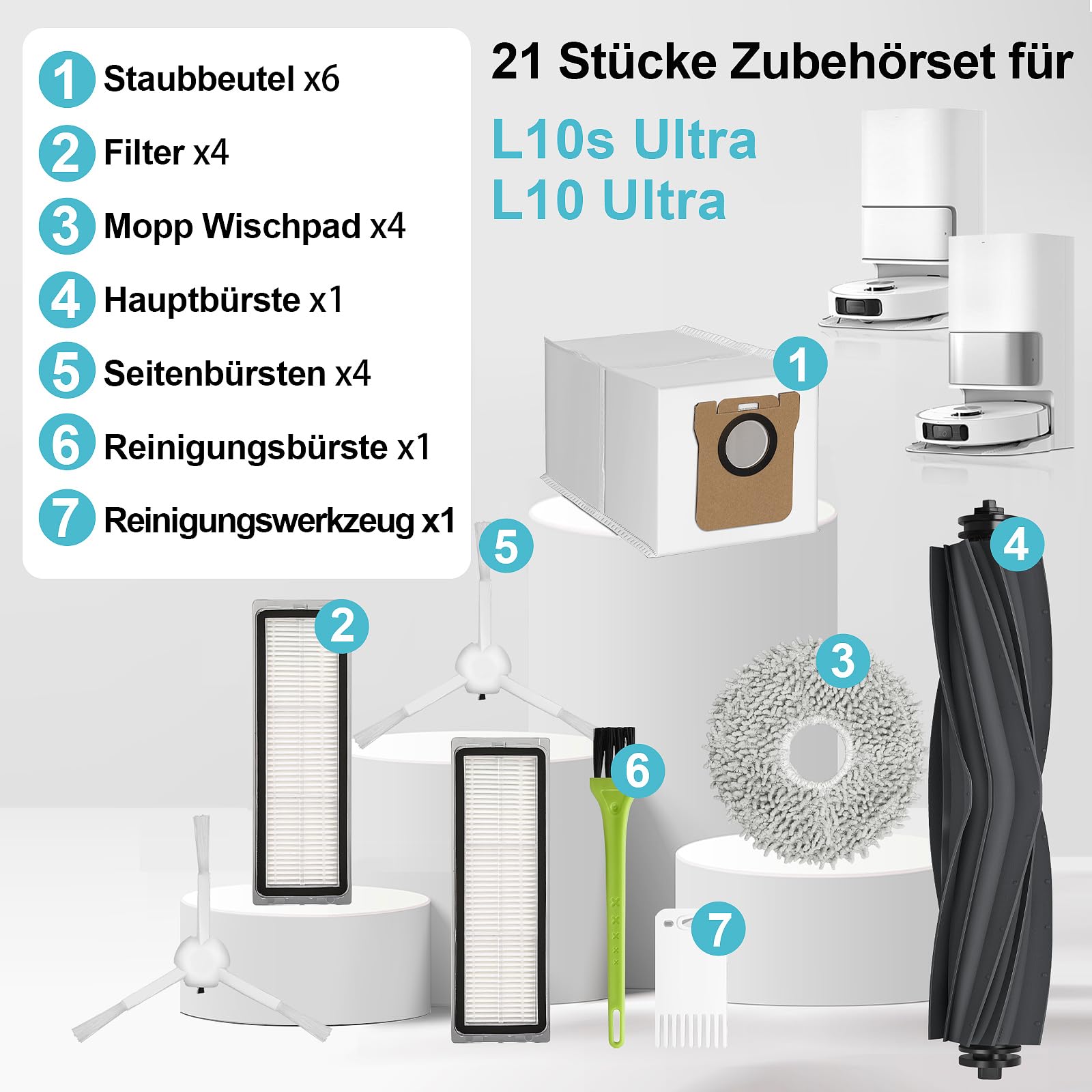 L10s Ultra akcesoria do Dreame L10s Ultra, części zamienne do L10 Ultra, zestaw akcesoriów, 6 worków do kurzu, 4 podkładki do mopa, 1 szczotka główna, 4 filtry, 4 szczotki boczne