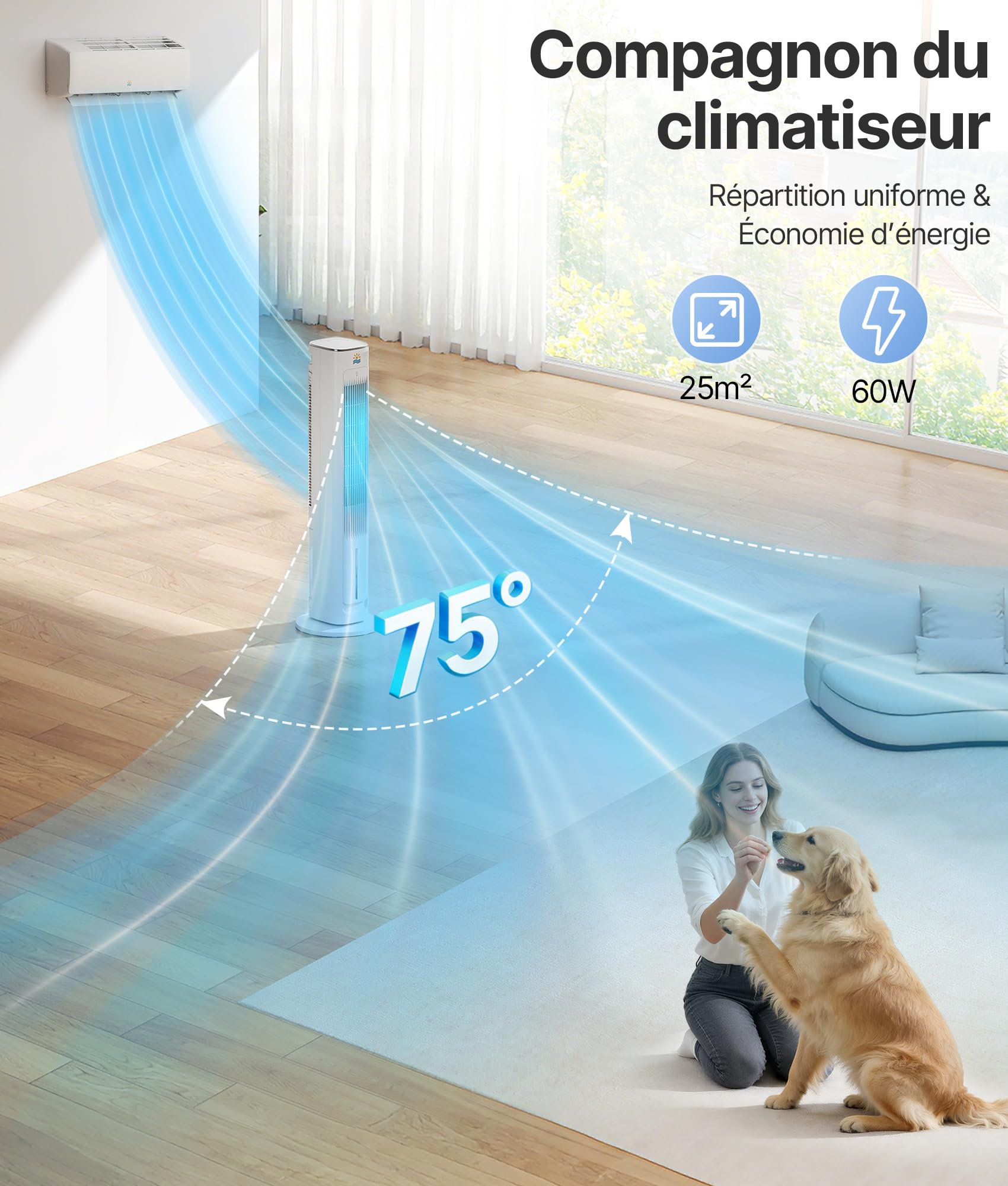 Rafraichisseur d'Air Silencieux- Alternative Auclimatiseur Mobile Sans Évacuation, Oscillation 75°, Minuterie 12H, Télécommande, Blanc