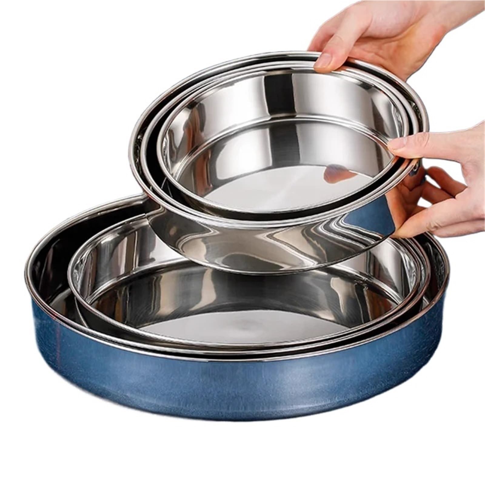 Bandeja redonda de acero inoxidable con asas, plato de 24 cm de profundidad para hornear, almacenar frutas, alimentos, pasteles y pan, diseño dorado de dos orejas