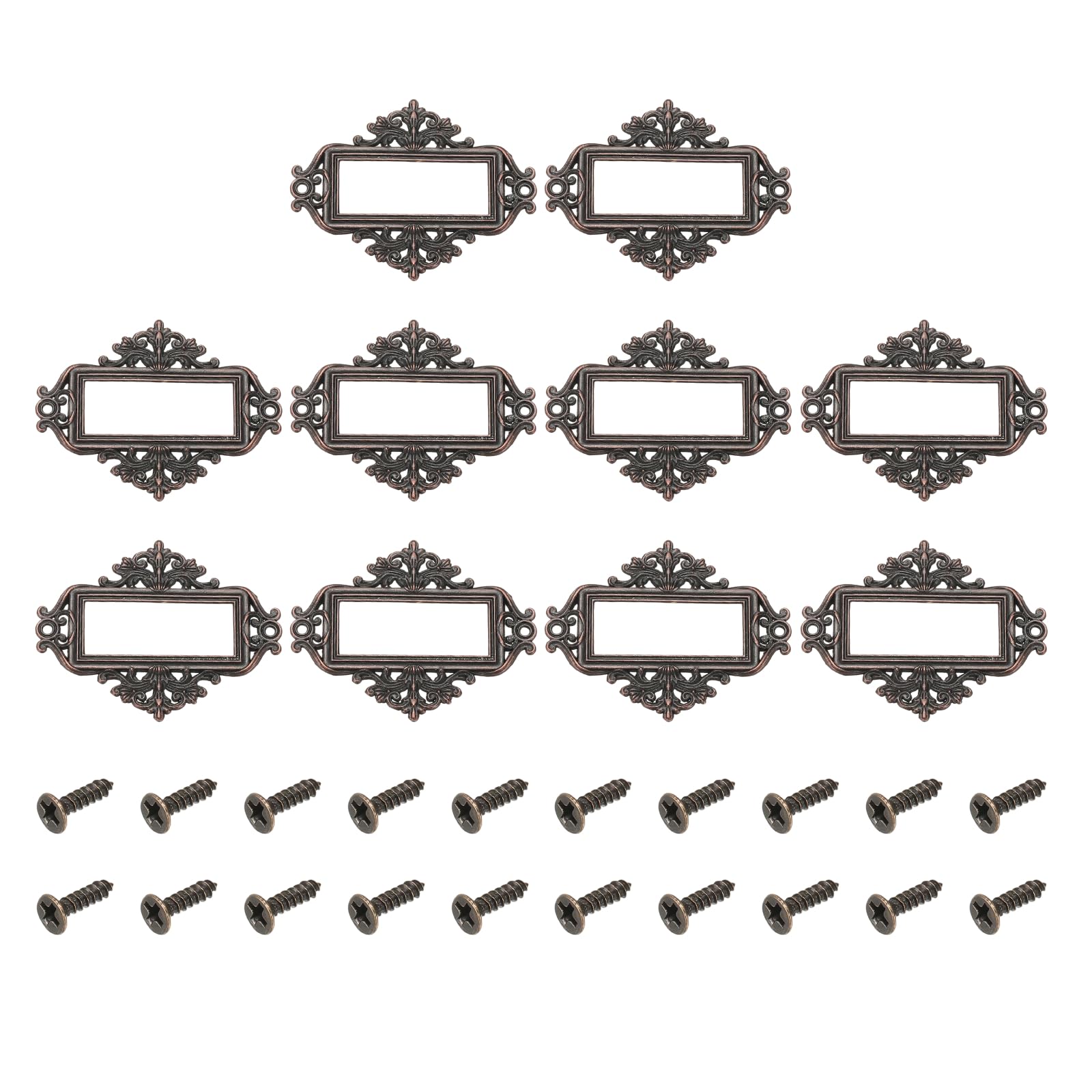 sourcing map 10 Pcs Metal Label Holder, 5.5x4.3cm Small Vintage Card Frame Tag Floral Lace Label Holder with Screws for File Boxes Drawers Door Cabinet Book Shelves, Bronze Red