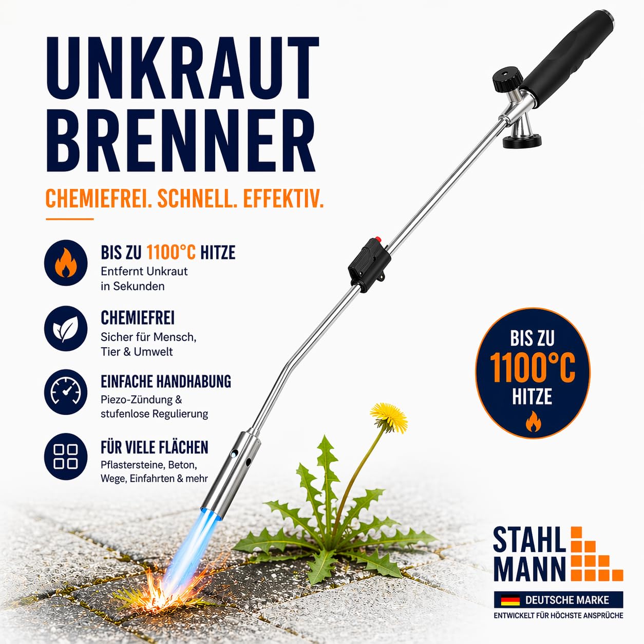 STAHLMANN®Unkrautvernichter inkl. Gaskartuschen - stabiler Unkrautbrenner mit Piezozündung stufenlos regulierbar – Unkrautentferner Gerät mit ergonomischen Griff (4 Kartuschen)