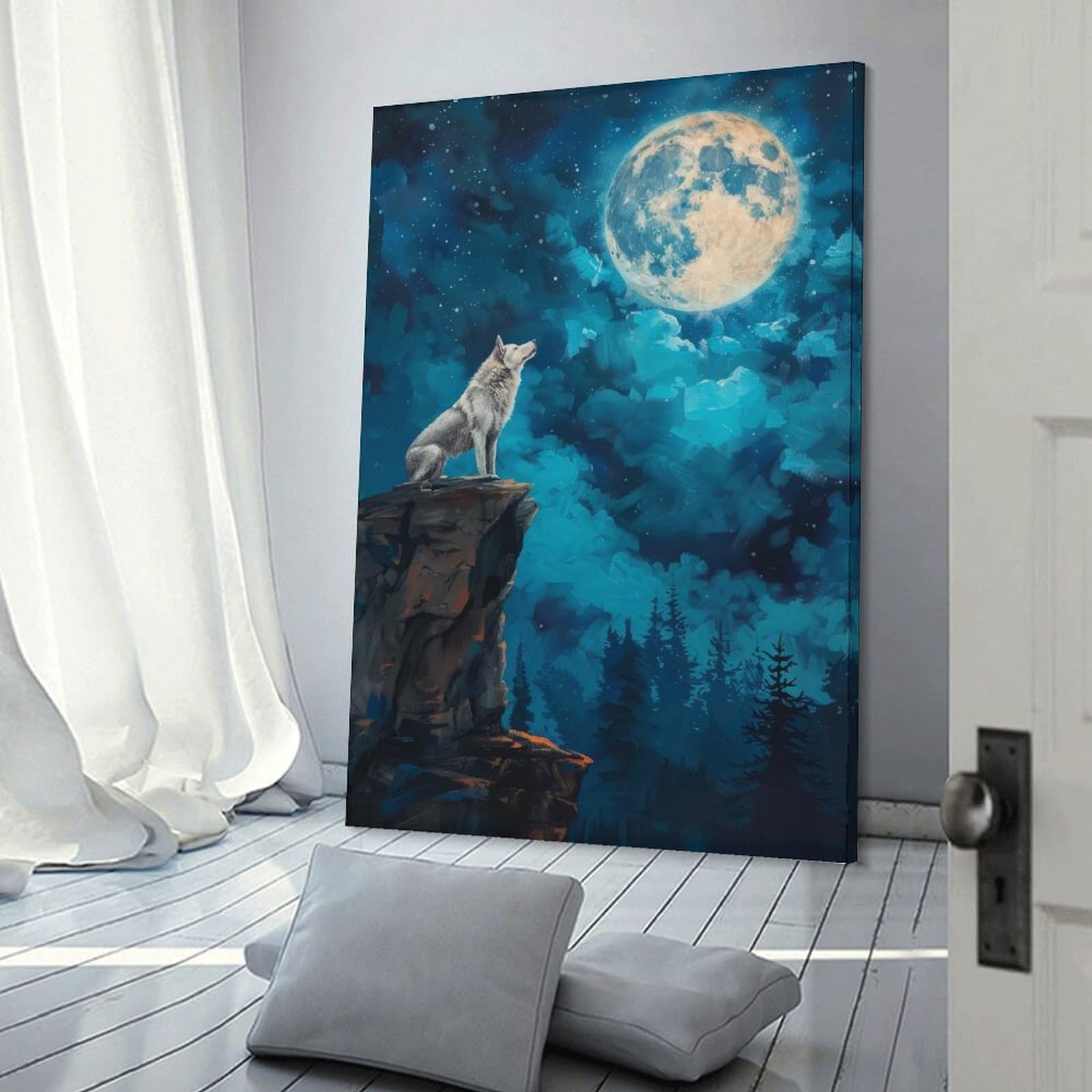 Junmoney Hanging Wall Art Wolf Howl in Moon Night, 24x36inch(60x90cm), for Wall Displays, Bedrooms Or Room Updates, Wall Decor Suited to Curated Displays
