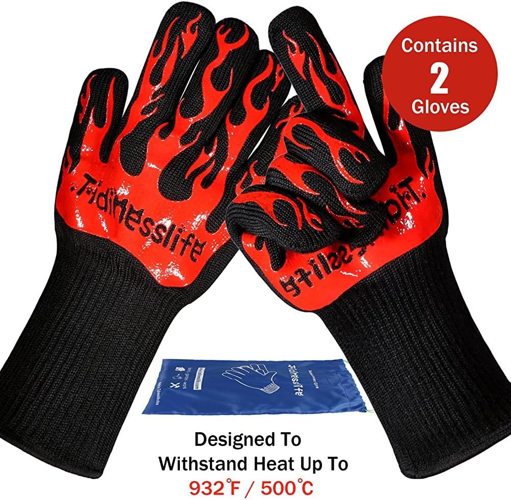 Tidinesslife Revolutionary 932°F Extreme Heat Resistant Certified Gloves - Thick but Light-Weight & Extra Long Red2
