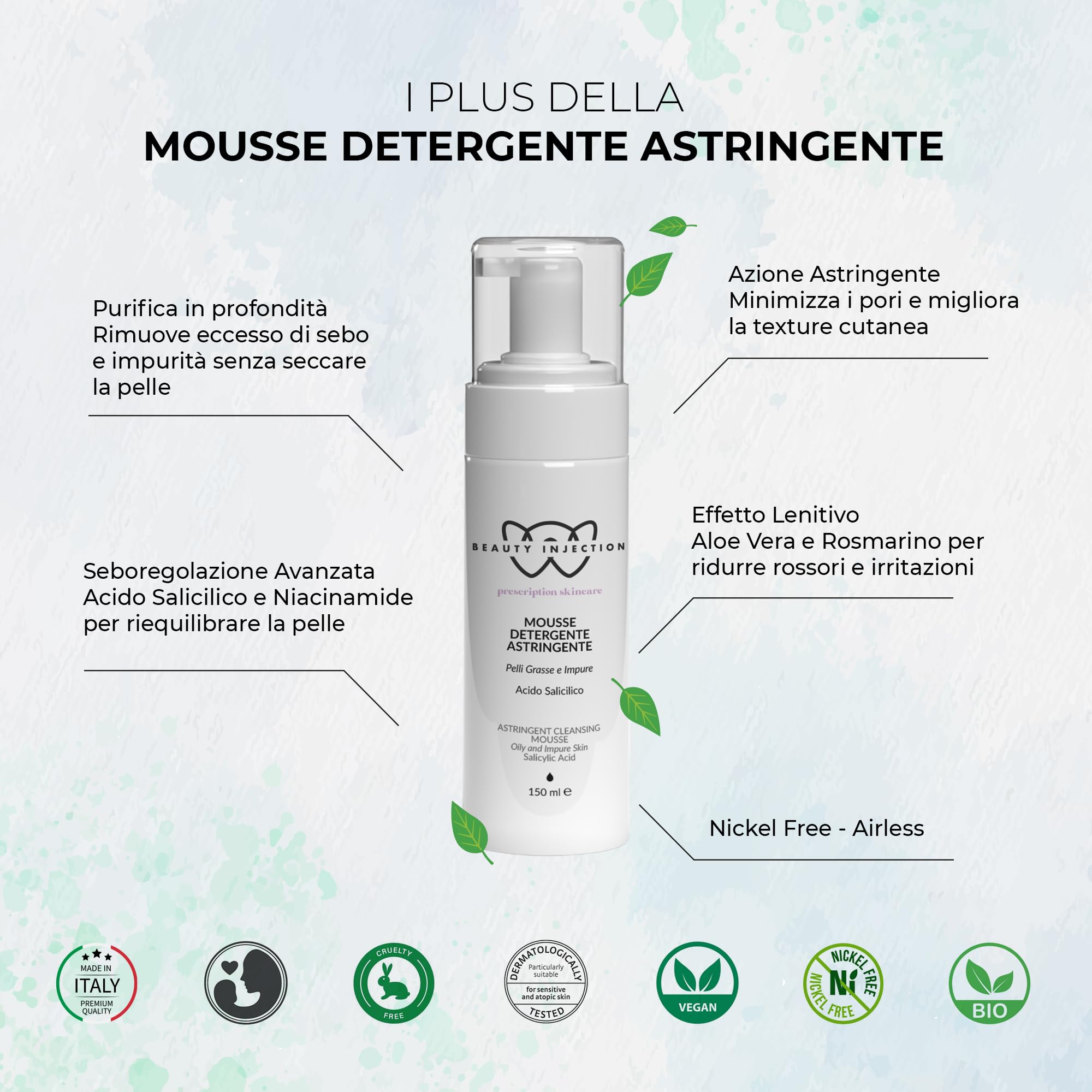 Wikirose Mousse Detergente Viso Opacizzante e Astringente con Complesso Pore Minimizer, Niacinamide e Acido Salicilico, Aloe Vera, per Pelle Grassa Mista e Impura, 150ml
