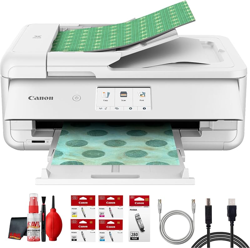 Canon Pixma TS9521Ca Wireless All-in-One Inkjet Printer for (White) Bundle | For Large Photo Prints, Presentations, Everyday Color Output + Printer Cable + Cleaning Kit (2988C052) (11pc Bundle)
