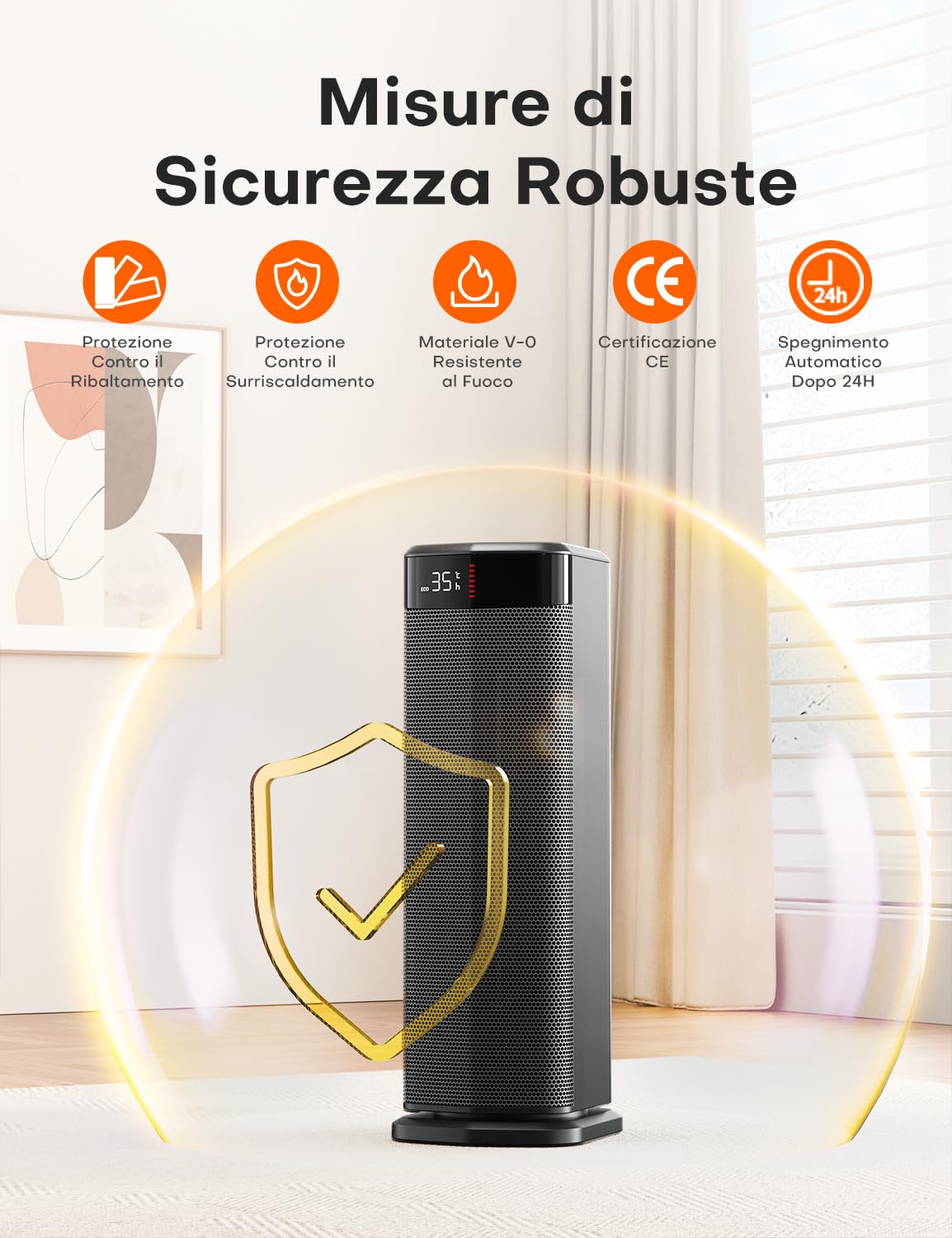 QEXREED Stufetta Elettrica Basso Consumo, 2000W, PTC, 4 Modalità, Modalità ECO, Termostato, 90° Oscillazione, Timer 24H, Telecomando, Protezione da Ribaltamento e Surriscaldamento per Uso Interno