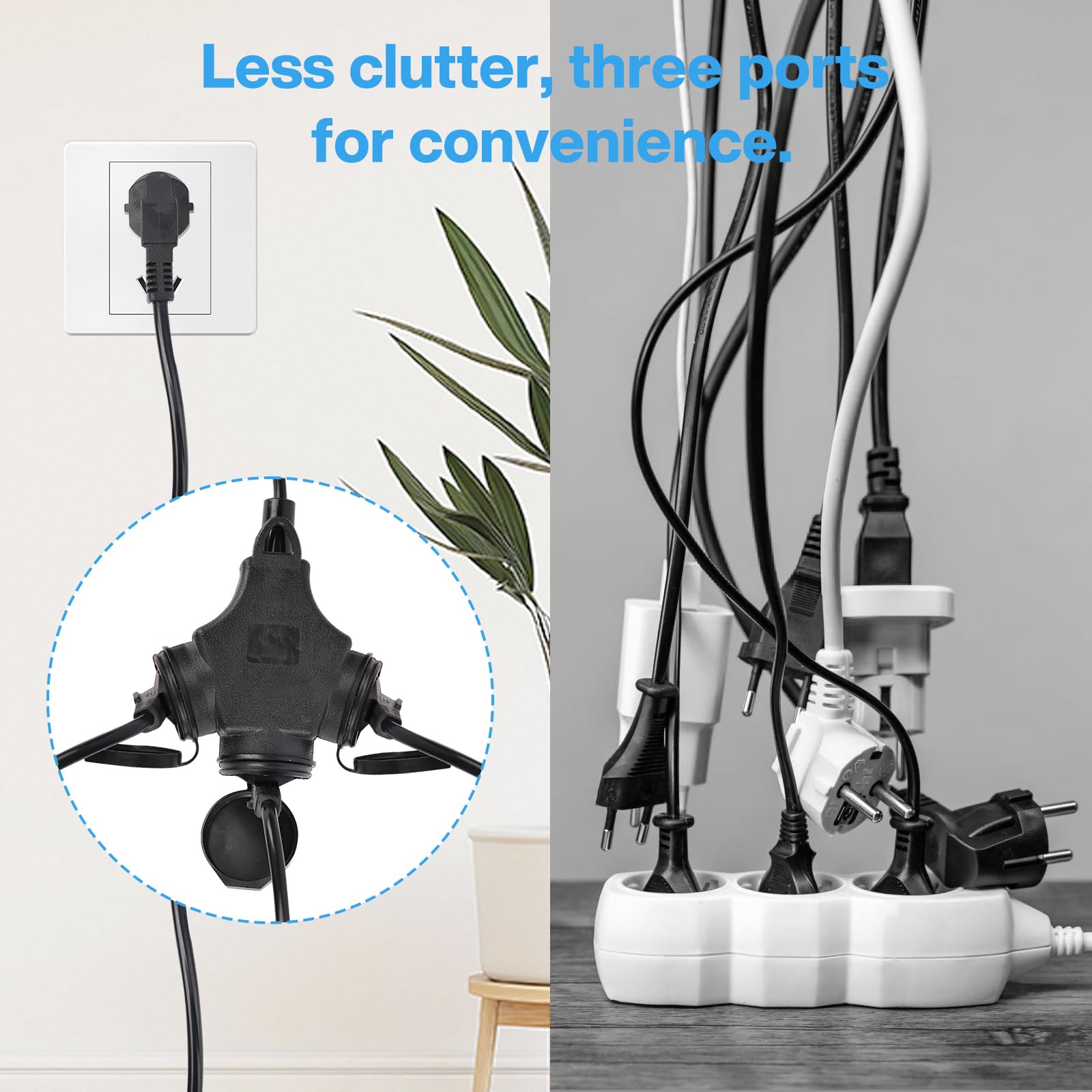 Cable corto de 5 m con 3 tomas de corriente: cable de extensión corto en el exterior con contacto a tierra con 3 tomas de corriente alterna, 1,5 mm², hasta 250 V/16 A, doble enchufe para doble enchufe