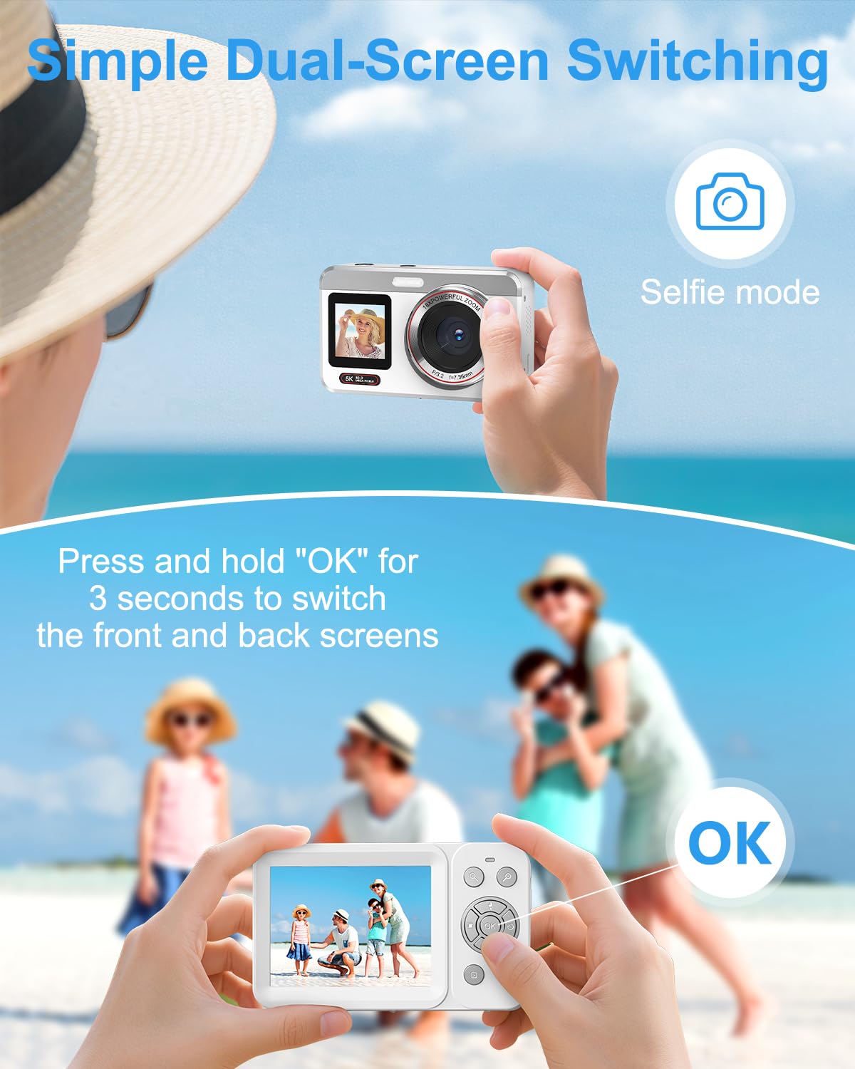 Digital Camera, 5K Vlogging Camera for Photography, 80MP Dual Screen Point and Shoot Digital Camera with Auto Focus, 18X Zoom, Flash, 2 Batteries, 32GB Card for Teens and Adults (White)