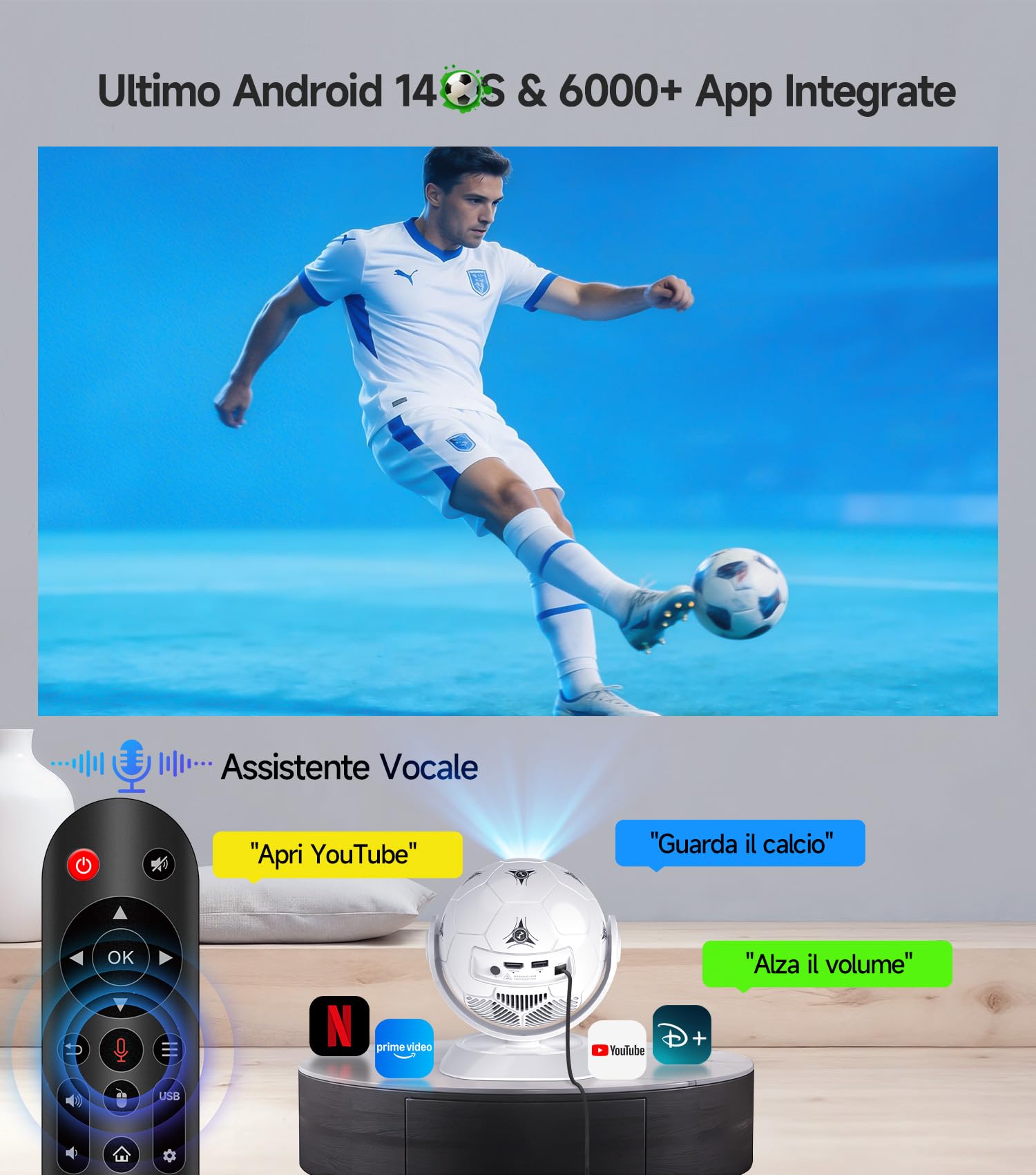 Magcubic Mini Proiettore Portatile 4K Support, Mondiali 2026 Videoproiettore per Smart TV e Telefono, WiFi 6 Bluetooth 5.4, Projector Cinema in Casa, Auto Keystone, Android 14, Rotazione 360° HY300F