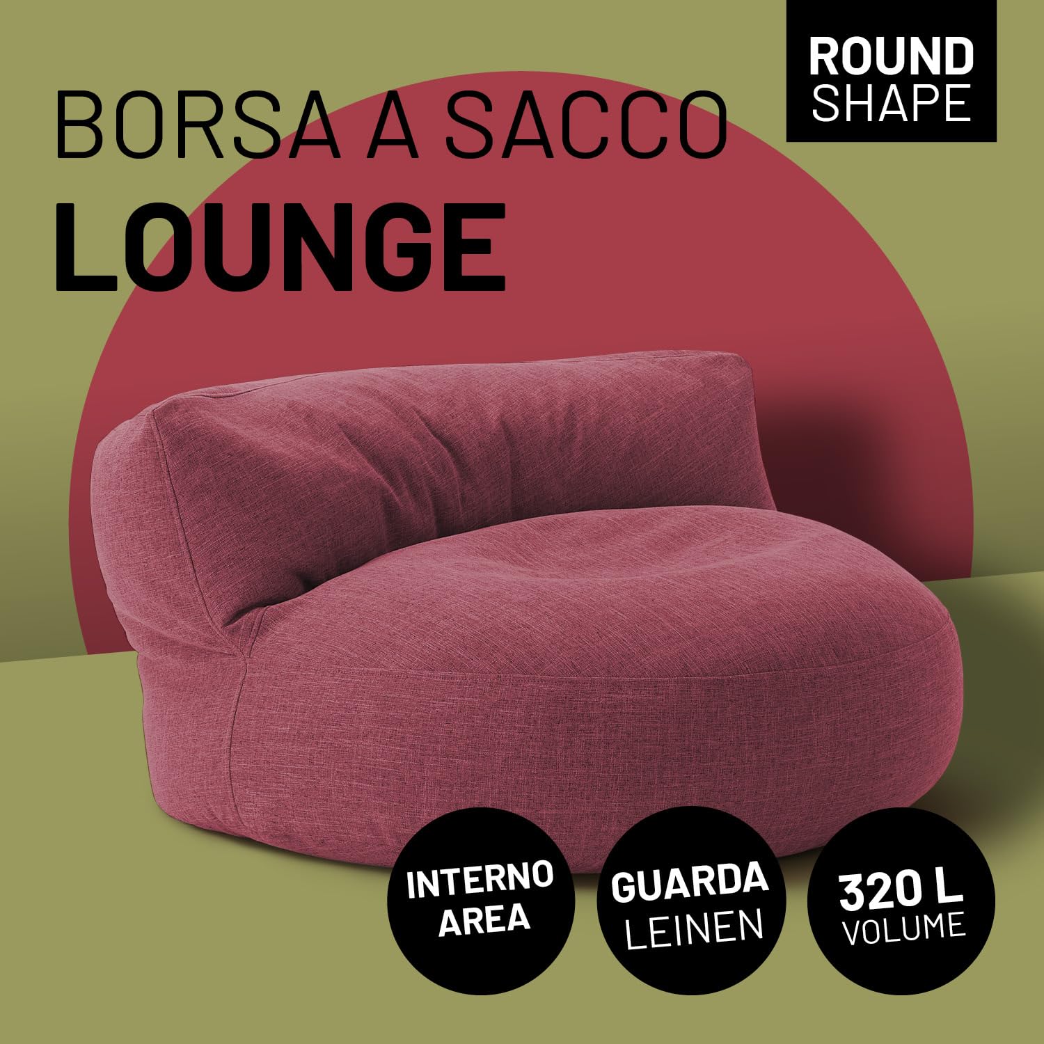 Lumaland Interior Line - Pouf, divano rotondo per interni, imbottitura da 320 l, 90 x 50 cm, effetto lino anche al tatto, colore: rosso