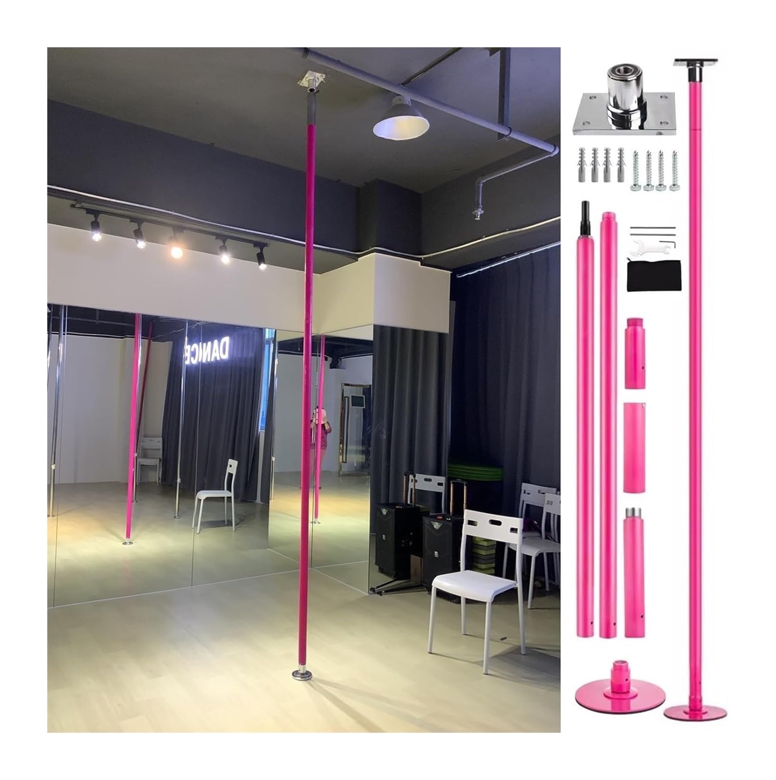 JYBNBBE Pole Dancing Pole for Home Removable 45mm with Fixed Plate & Extension Accessories, Spinning Static Dancing Pole for Home Bedroom Apartment Club Gym,Pink-3.2M