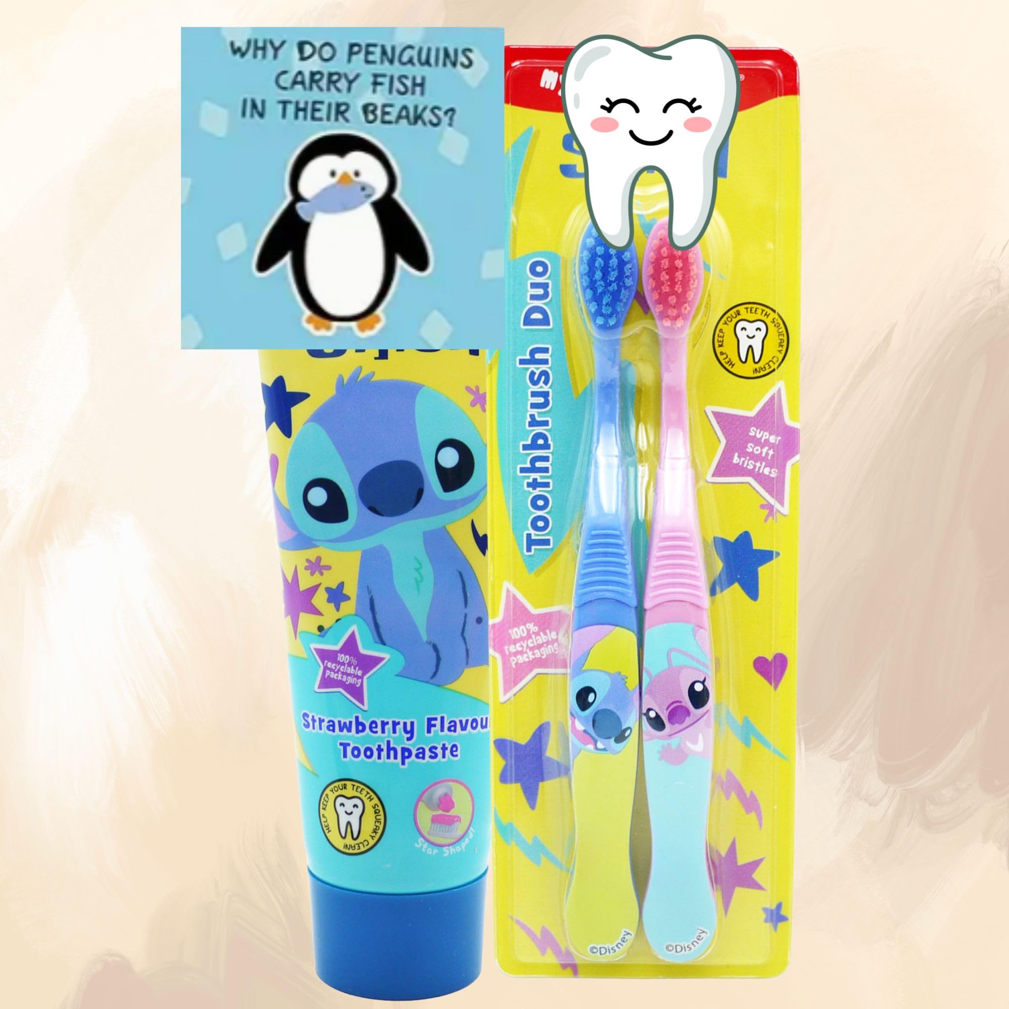 Oerich Gift - Set per la cura dentale dei bambini, con dentifricio aromatizzato alla fragola e spazzolino da denti con personaggi dei cartoni animati, con setole super morbide