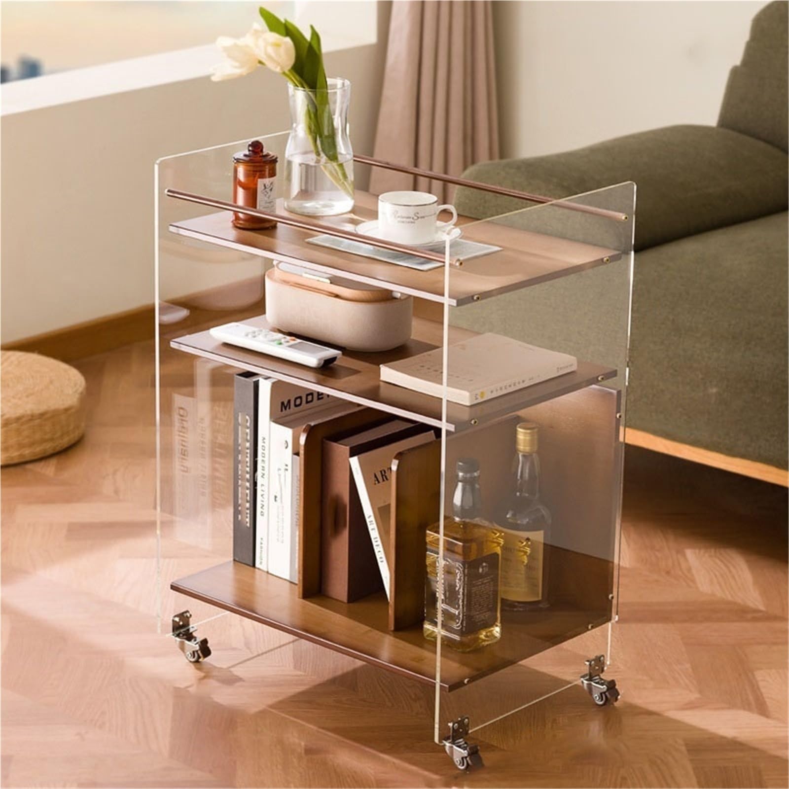 SXZenSpace Acrylic Sofa Side Table with Wheels Modern Coffee Storage Shelf Nightstand Snack Rack for Living Room ﻿,Ideal