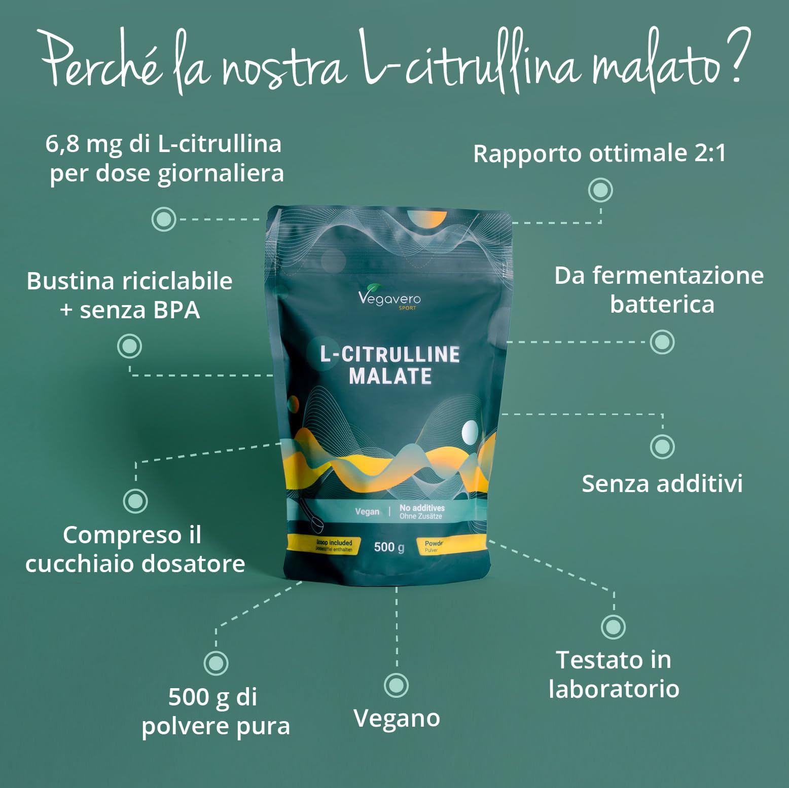 L-Citrullina Malato 2:1 in Polvere | Aminoacido Pre Workout | Performance Sportiva e Massa Muscolare | 500g | Alto Dosaggio | 5g per dose giornaliera | Vegan | Senza Additivi | No OGM | Vegavero®