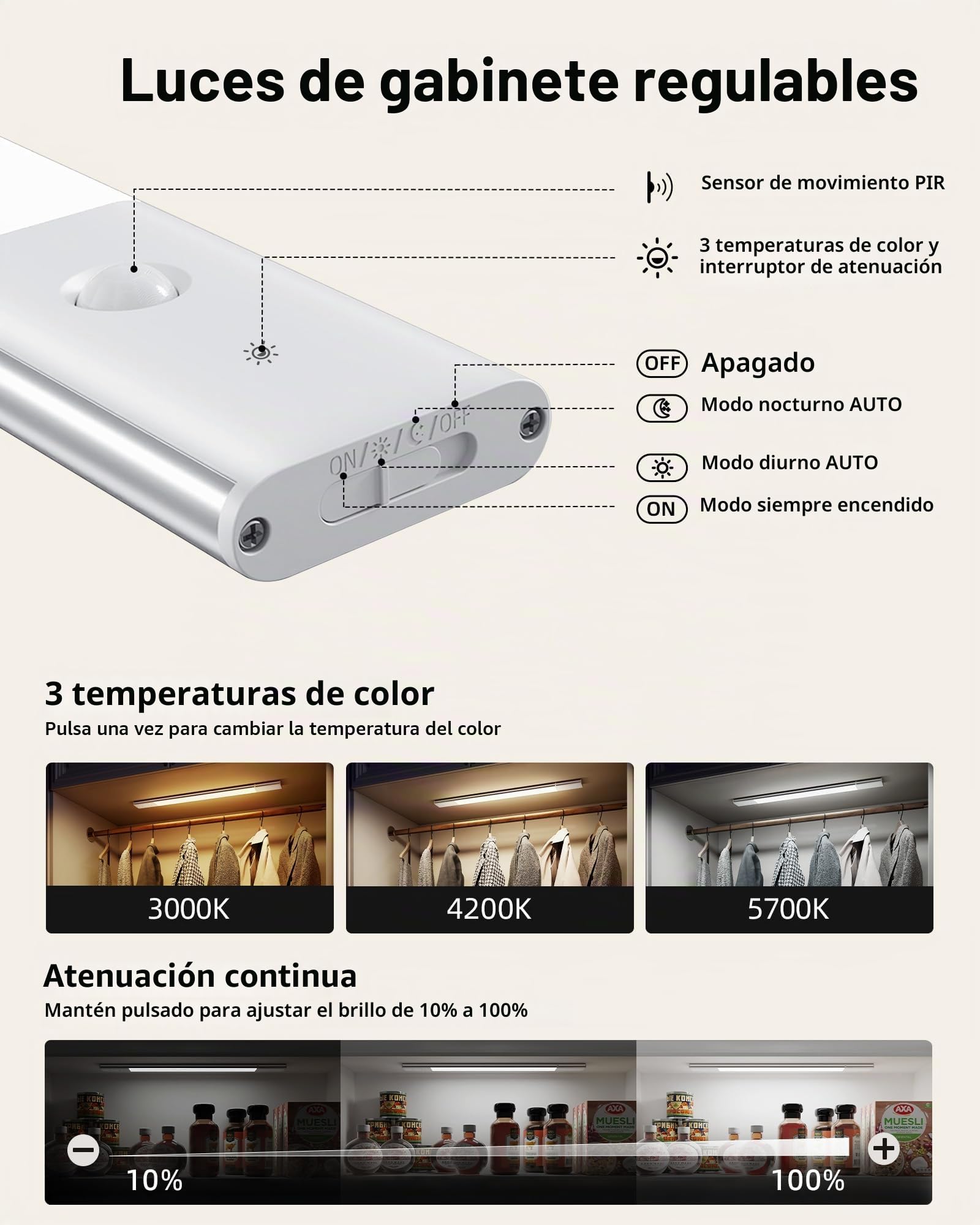 EZVALO Iluminación para armario inalámbrica 50 cm, batería extraíble de 2200 mAh, lámpara empotrable para cocina LED 3 temperaturas de color ajustables, luz para armario con sensor de movimiento