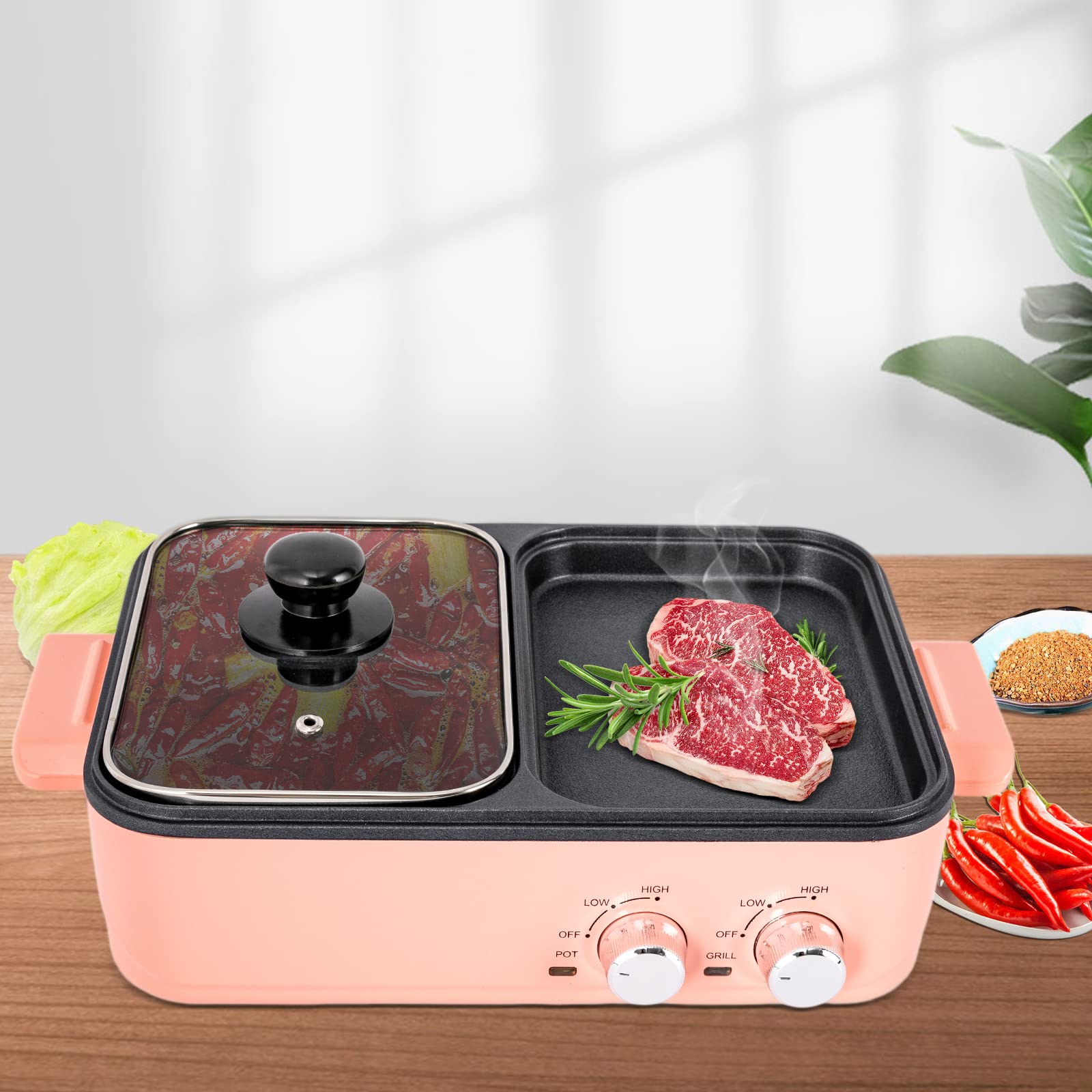 SNKOURIN Electric Hot Pot with Grill, 2 in 1 Dual Temperature Control, Smokeless, Fast Heating, Pink