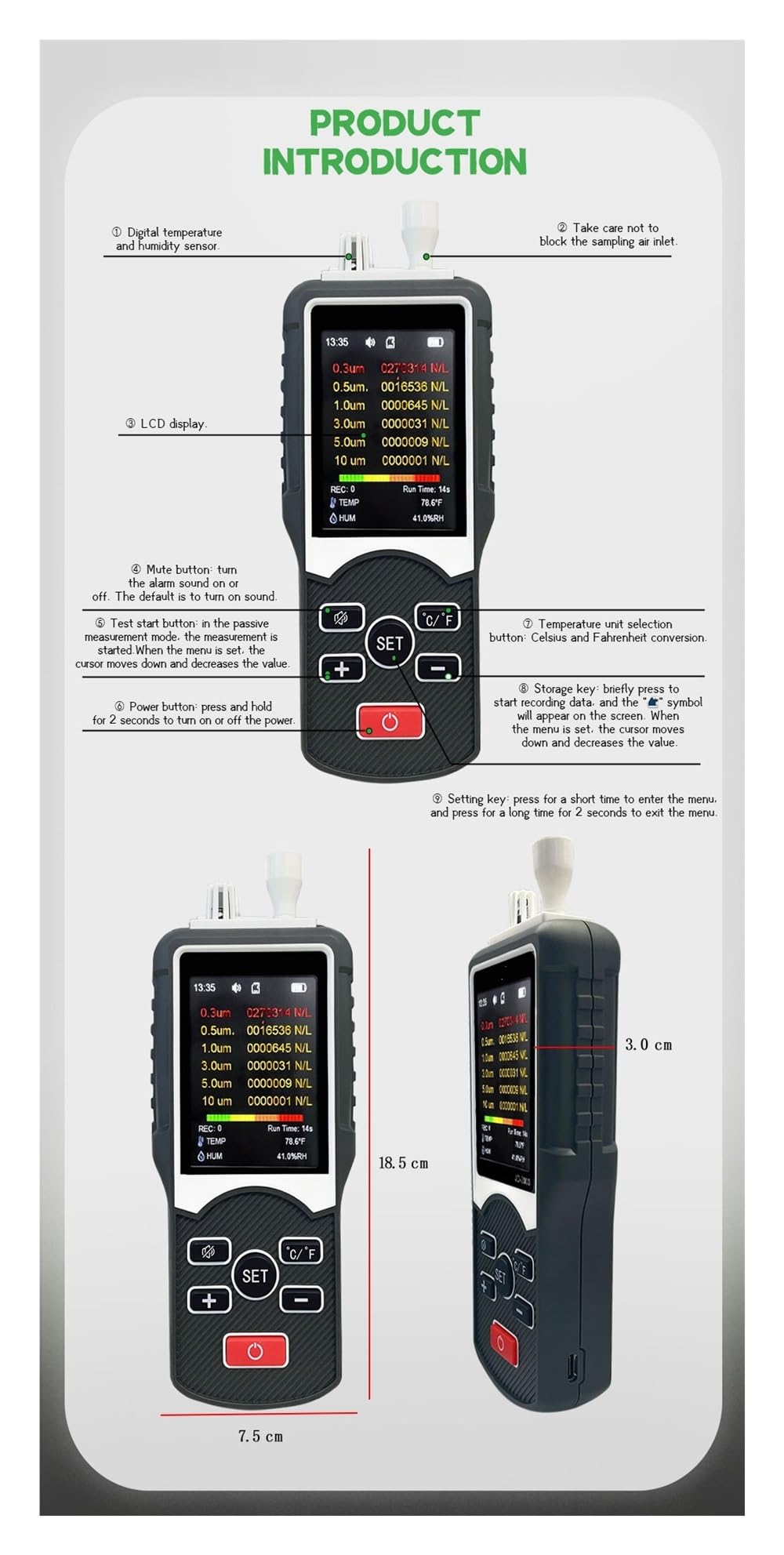 Rilevatore Gas, Contatore di particelle di polvere Rilevatore di CO2 PM2.5 a 6 canali con display LCD Tester di qualità dell'aria Monitor for gas for uso domestico,per casa ufficio scuola hotel