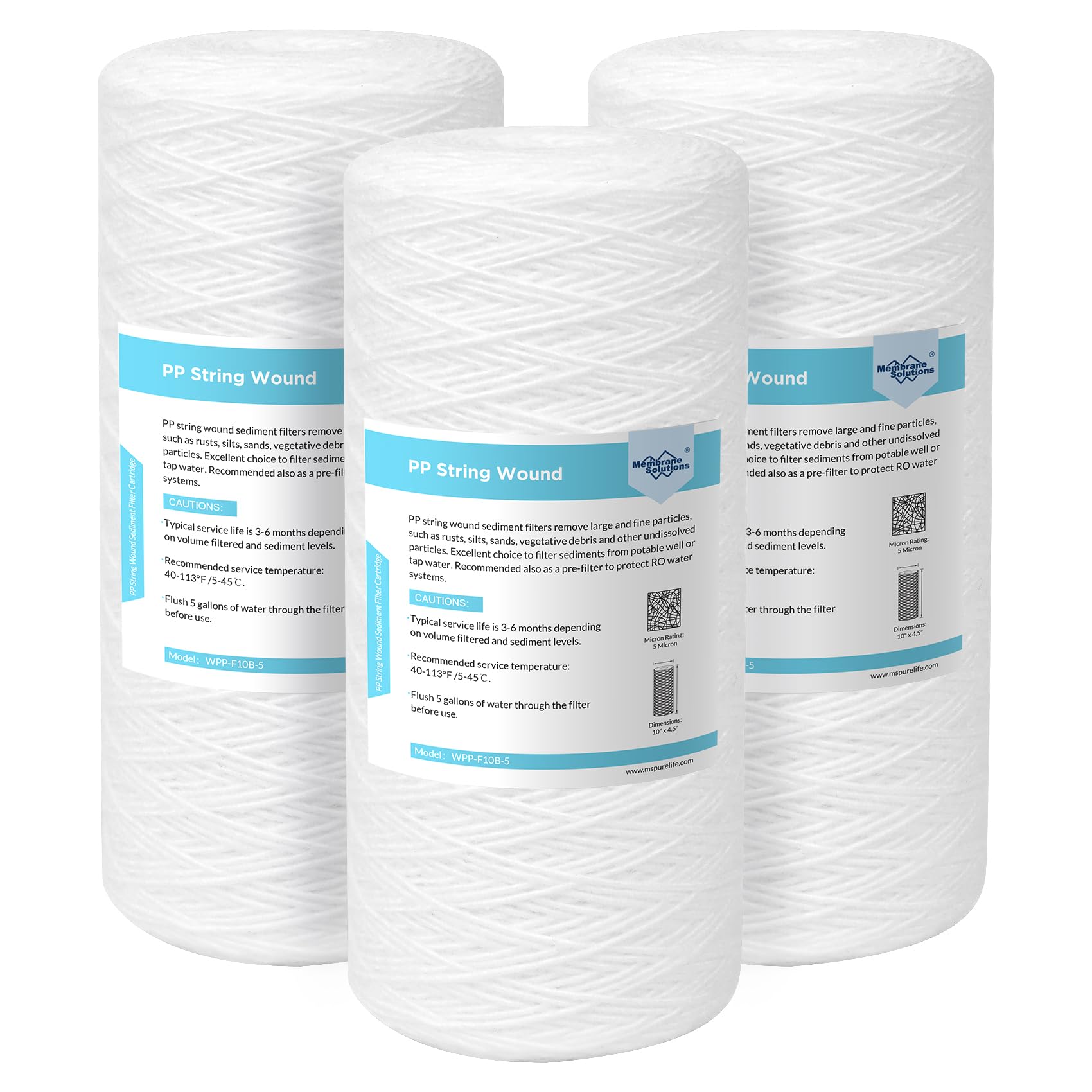 Membrane Solutions 5 Micron 10"x4.5" String Wound Whole House Water Filter Replacement Cartridge Universal Sediment Filters for Well Water - 3 Pack
