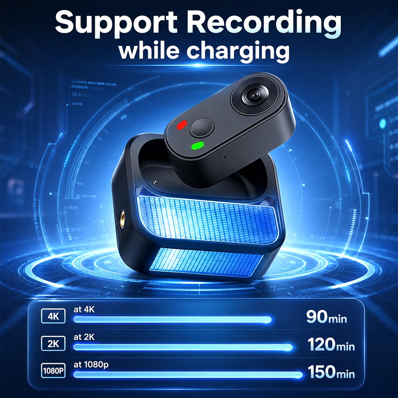 Mini caméra d'action POV portable 4K avec stabilisation d'image EIS, support magnétique mains libres, connectivité WiFi, comprend une carte mémoire de 64 Go et un étui de chargement, pour vlogging