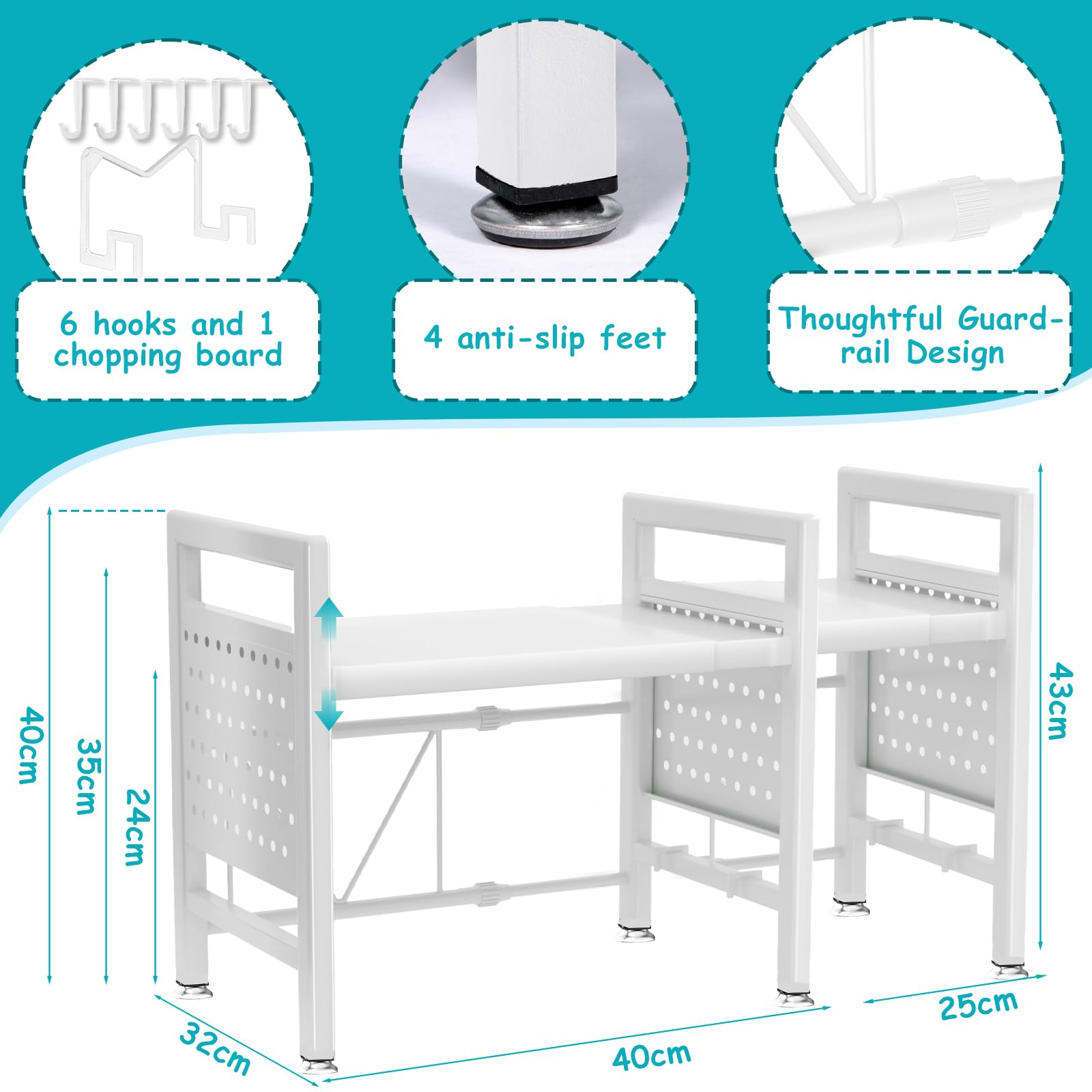Mensola Microonde Estensibile, Regolabile Due Livelli Microonde Scaffale 40-65cm, Mensola Microonde Salvaspazio, Supporto Microonde con Rastrelliera per Tagliere, 6 Ganci, Istruzioni (Bianco)