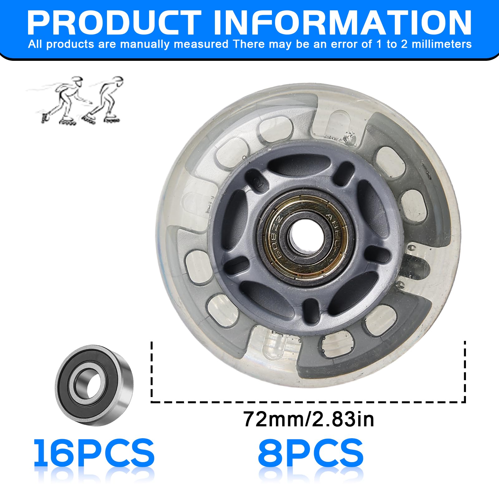 8 Pezzi Rotelle Per Pattini In Linea, Ruote Per Pattini In Linea Da 72 Mm, Pattini A Rotelle In Linea, Ruote Di Ricambio Per Pattini In Linea Skateboard, Monopattini, Pattini A Rotelle(Argento)