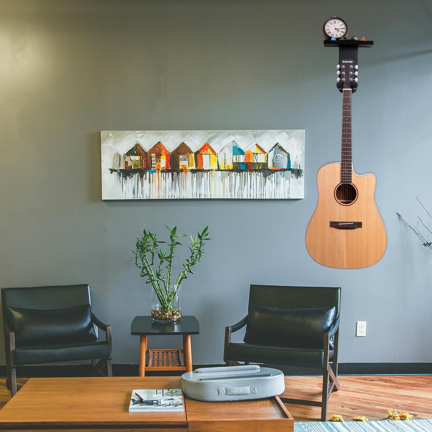 Guitar Wall Mount, Auto Lock Guitar Hanger, Black Wood Guitar Wall Hangers Shelf with Pick Holder, Guitar Holder Wall Mount for Acoustic, Electric Guitar, Ukulele, Bass, Mandolin