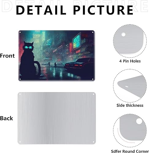 Miniatura 6 de AMOGHASIDDHI Cartel de metal con diseño de gato Cyberpunk de aluminio, póster de metal vintage de 8 x 12 pulgadas, letrero de pintura para