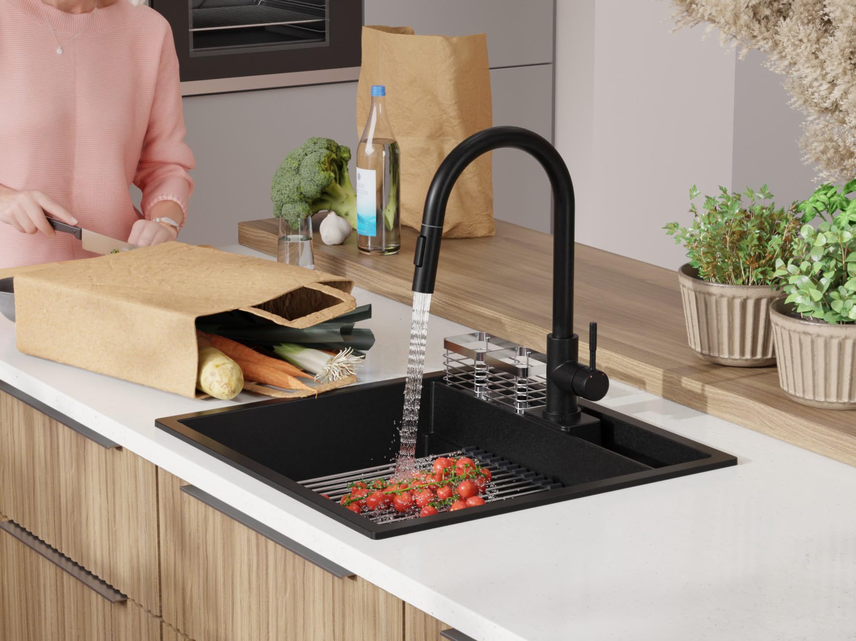 PRIMAGRAN Evier Cuisine en Granit au Meuble 60cm + Robinet, 56x54cm