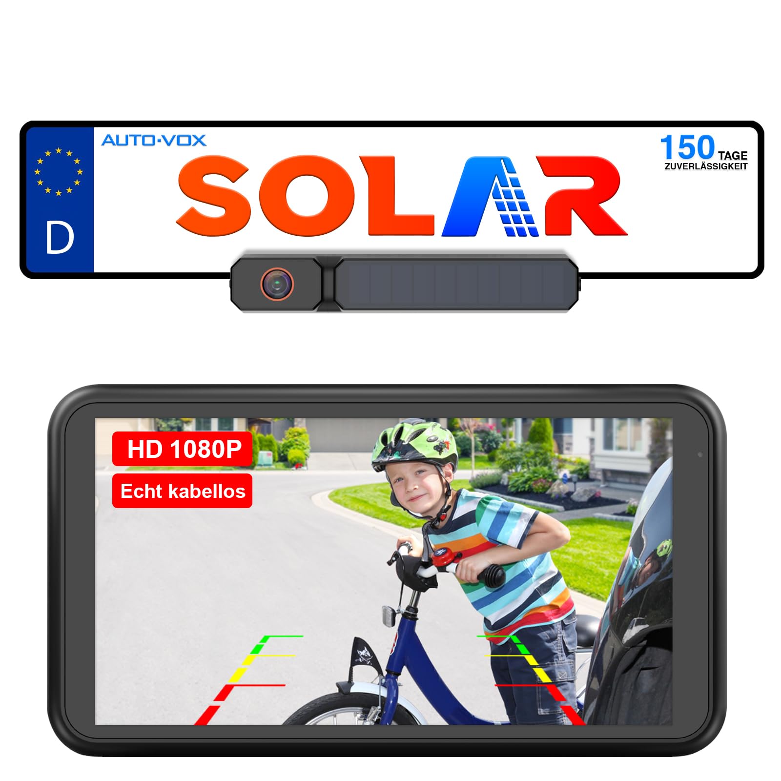 AUTO-VOX Solar Rückfahrkamera Kabellos 5" 1080P Monitor 5000mAh Akku IP69K Wasserdicht für Auto LKW Van SUV Wohnmobil