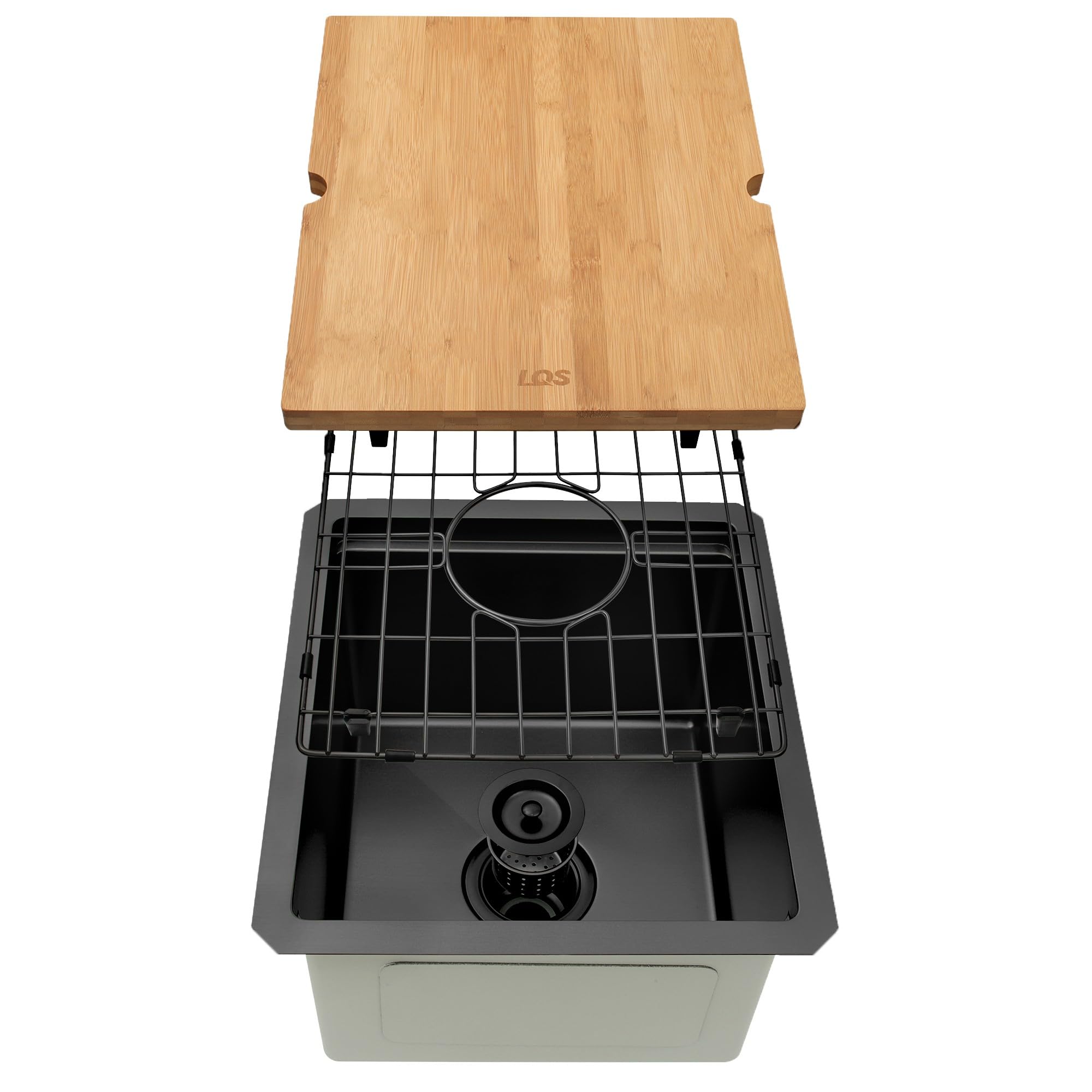 LQS Black Undermount Bar Sink, RV Sink, Handmade Stainless Steel Bar Sink 15" x 17", 16 Gauge Workstation Sink, Small Single Bowl Kitchen Sink with Cutting Board, Sink Protectors and Accessories