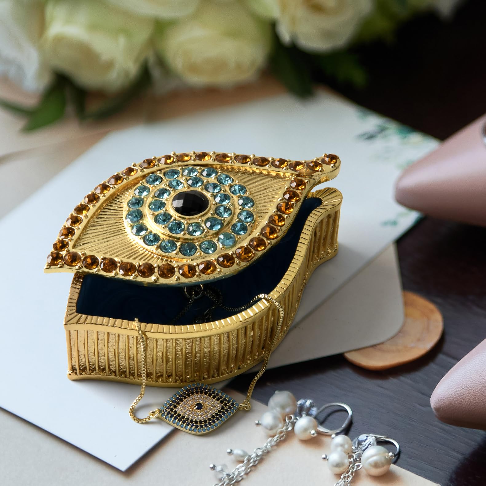swarovski schmuck aufbewahrung evil eye bracelets Box Gold bracelets evil eye Trinket Boxes, Gifts Golden Blue-Eye jewelry boxes for women or Girls travel jewelry organizer Baumarkt Lebensmittel Bastelsachen praktisch ordnen | Marke:Mustang