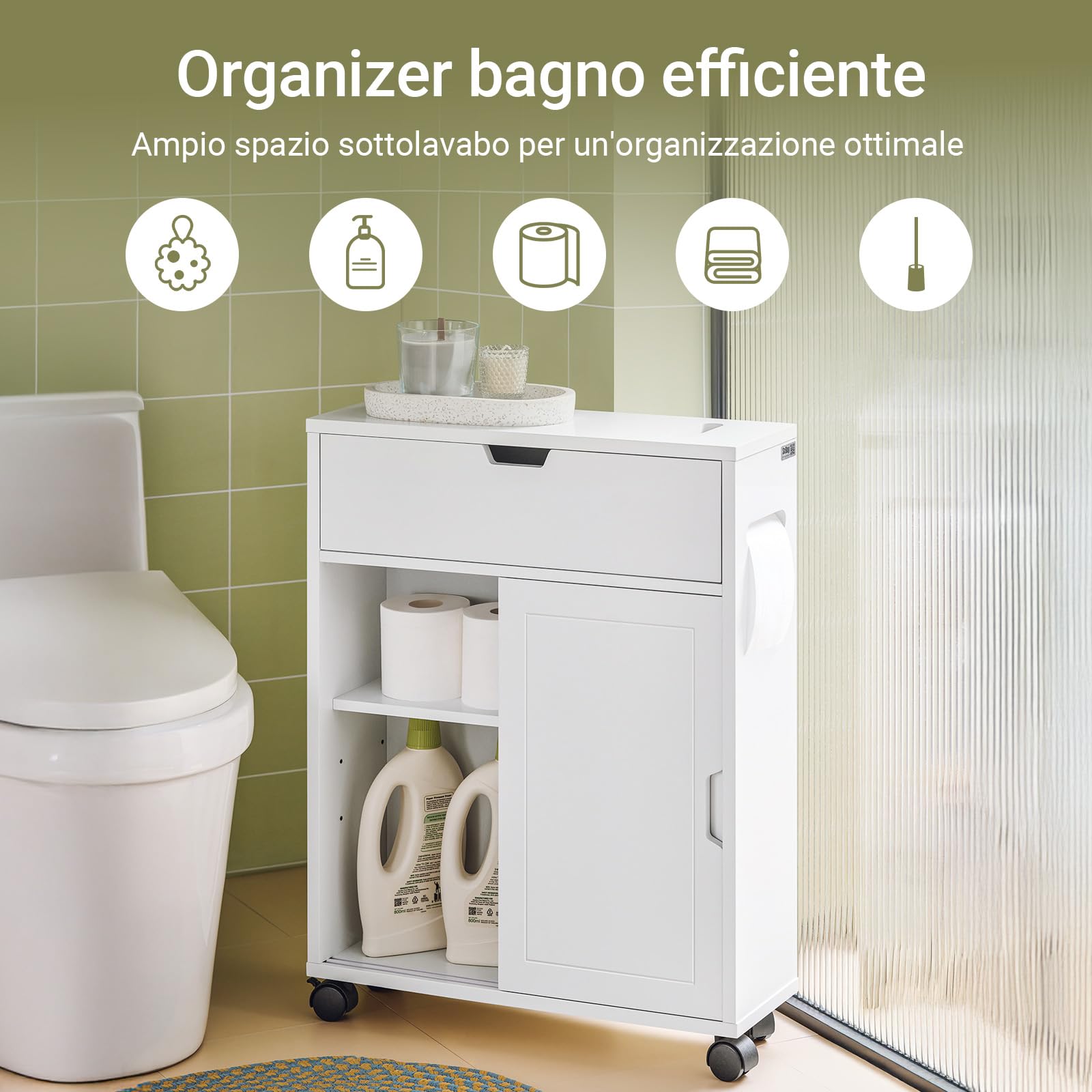 SoBuy Mobiletto Bagno Salvaspazio con Ruote 52x68x17 cm Bagno | Armadietto da Bagno con Ante Scorrevoli E Ribaltabile, Comò per Piccoli Spazi e Niche, Bianco, BZR31-W
