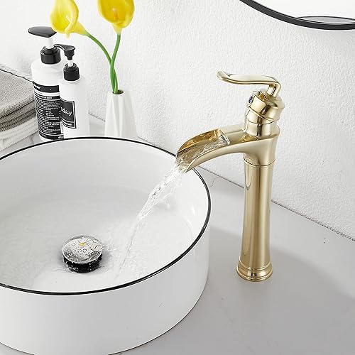 Miniatura 9 de GGStudy - Grifo de baño dorado cepillado, grifo de baño con cascada de una sola manija, un agujero, cuerpo alto, casa de campo, baño, lavabo, grifo