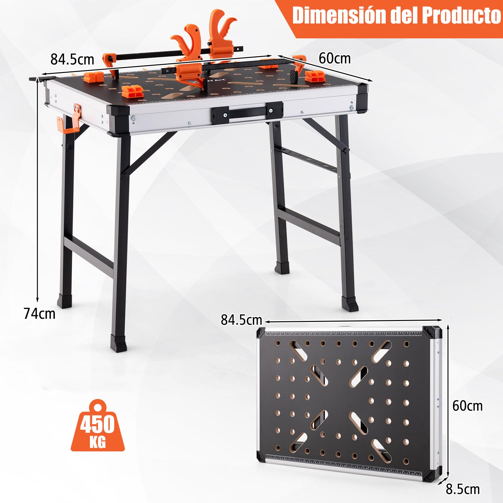 GYMAX Banco de Trabajo portáti de 84.5 cm, Mesa de Trabajo Plegable con 2 Cierres Rápidos, 4 Ganchos de Sujeción y 3 Cajas de Herramientas, Capacidad de Carga 454 kg, Banco de Rrabajo para Reparar