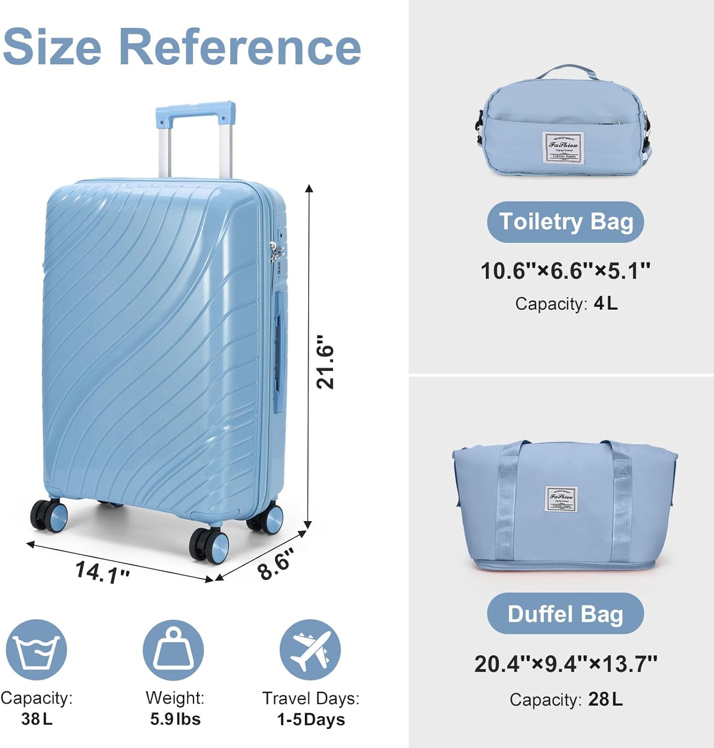 Karl home Luggage Sets 3 Piece, PP Hardshell Carry on Suitcase with Bags, Lightweight Suitcase Sets with Spinner Wheels TSA Lock Waterproof Rolling Luggage for Travel (3pcs, Sky Blue)