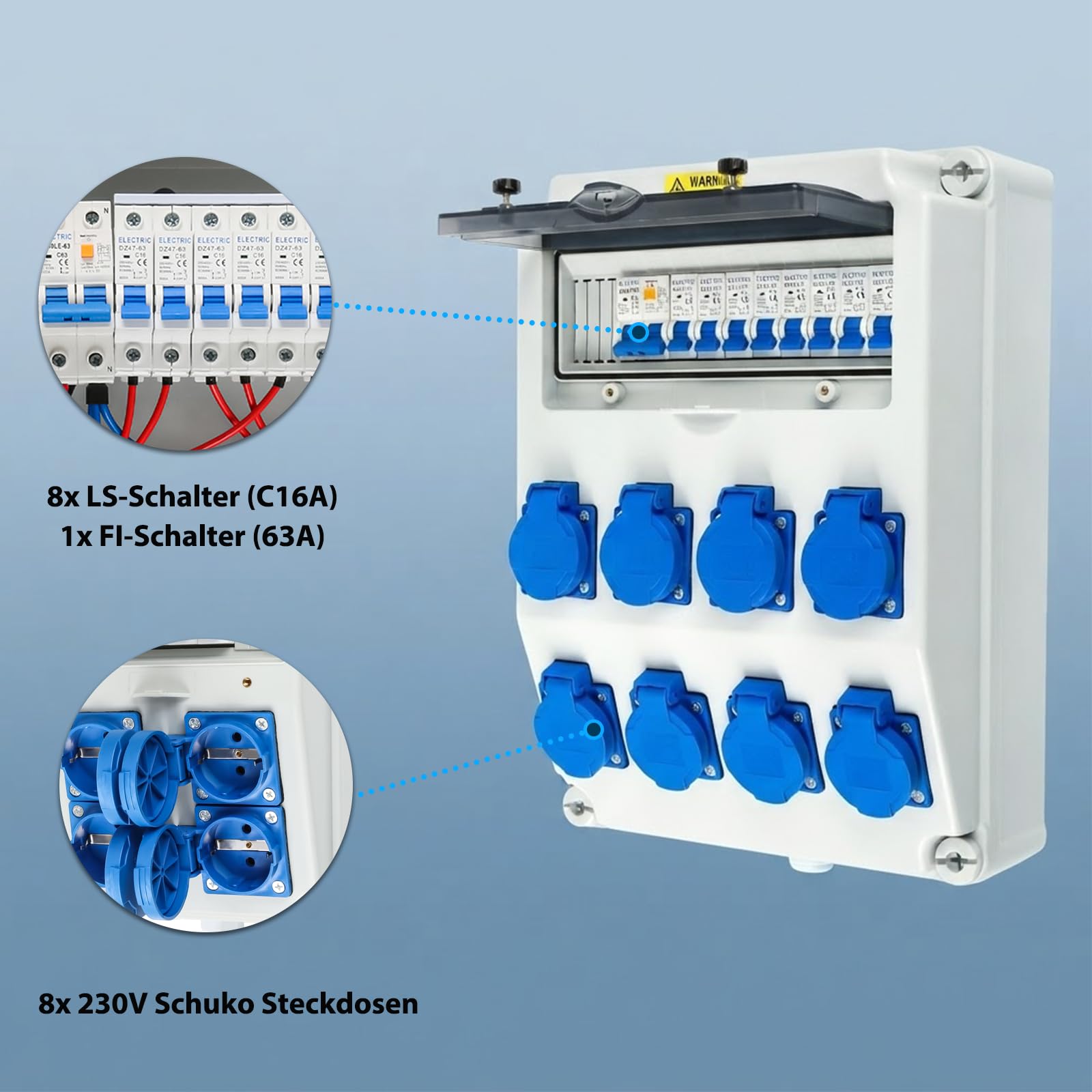TEOV Baustromverteiler mit LS+FI, Wandverteiler 8x 230V Schuko Steckdosen, IP65/IP44 Wasserdicht Vorverkabelt Stromverteiler, Robuster Verteiler für Innen und Außen Baustelle Werkstätten Fabriken