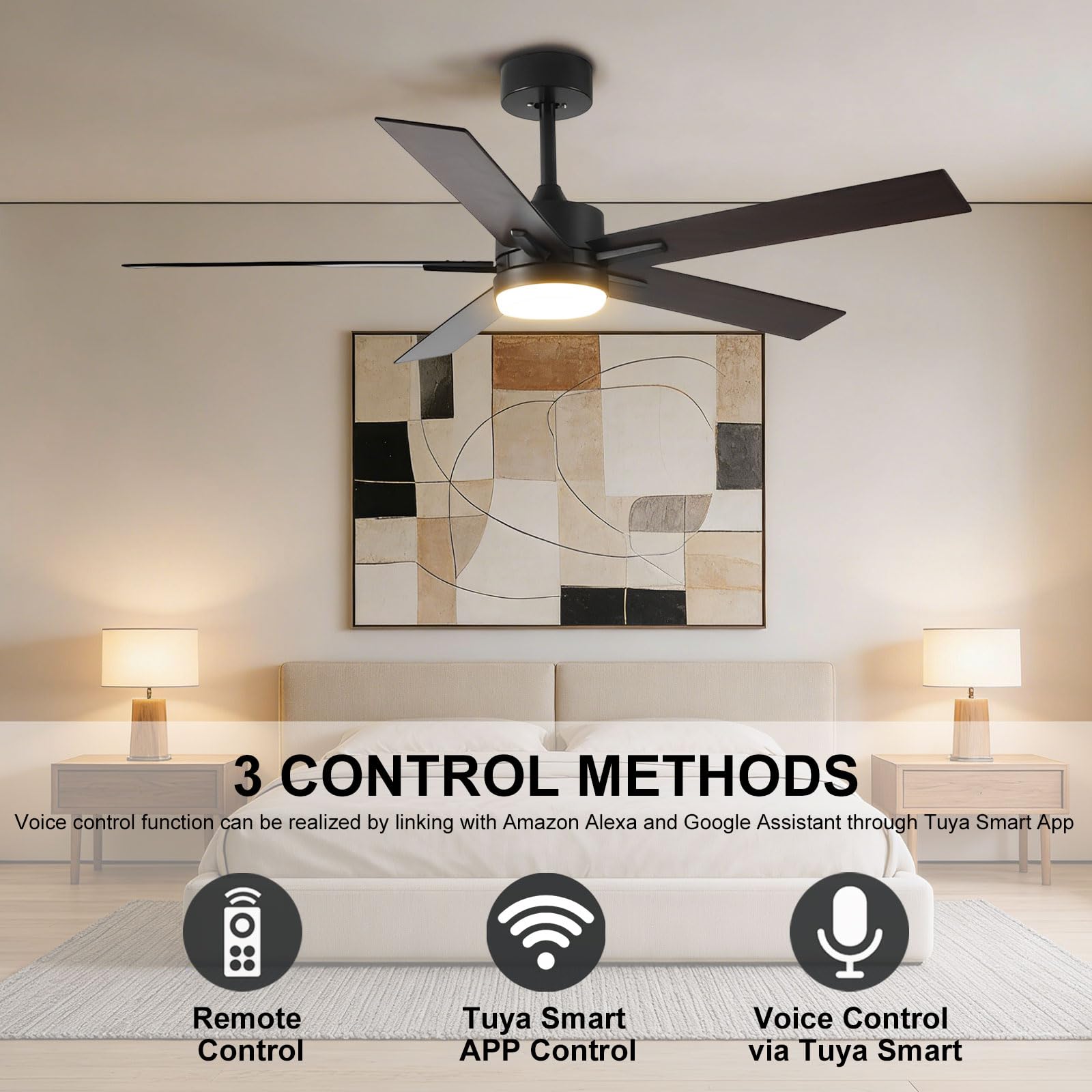 Ventilador de Techo Negro de 52 Pulgadas con luz, Moderno, silencioso, con LED Regulable, Control Remoto Inteligente/App/Voz, 6 velocidades para Dormitorio, Comedor y Sala de Estar