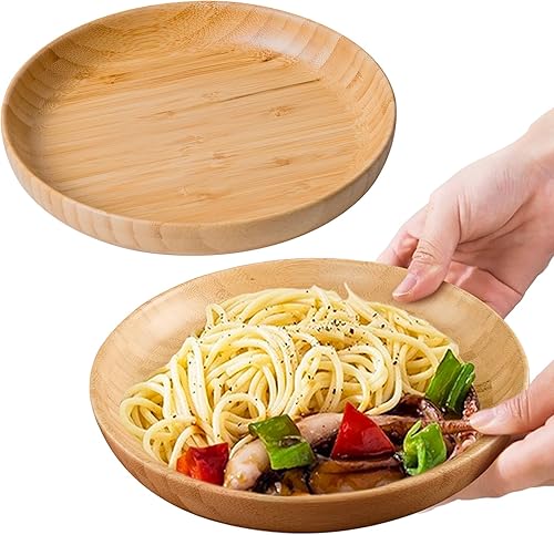Platos redondos de madera de bambú de 7.5 pulgadas, 2 platos reutilizables para alimentos, aperitivos, postres