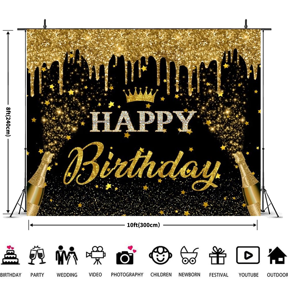 Pancarta de fondo de feliz cumpleaños de 10 x 8 pies con purpurina negra y dorada, fondo de fotografía de feliz cumpleaños, pancarta de feliz cumpleaños para hombres y mujeres, telón de fondo de