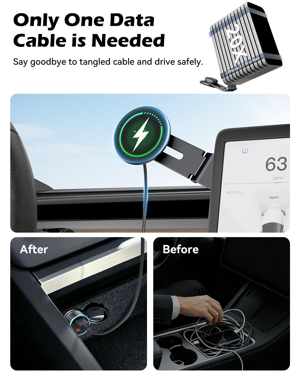 CloudValley Supporto per telefono 15W con ricarica integrata per Tesla Model 3/Y/Juniper/Cybertruck, supporto magnetico metallico auto ruotabile a 360°, design pieghevole ed estensibile a scomparsa