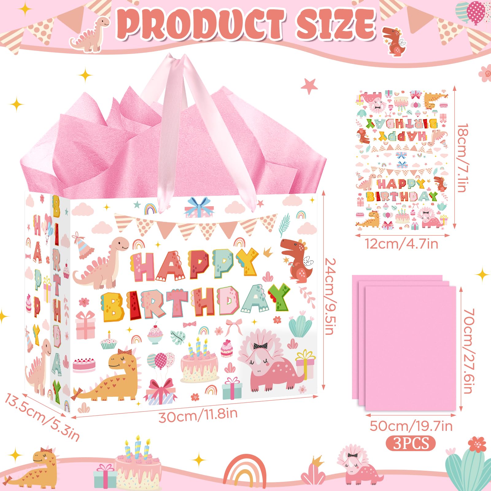 Condition photo showing New/Like New for Pink Dinosaur Birthday Gift Bag Large Dinosaur Happy Birthday Gift Wrapping Bag with Handles Greeting Card Tissue Paper Dino Party Decorations for Girls Kids Baby Shower Newborn Dino Party Supplies