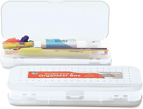Enday Caja de lápices transparente, estuche de plástico de doble cubierta con 7 compartimentos, organizador de caja con cierre a presión para el