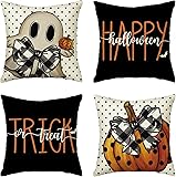 AVOIN colorlife Happy Halloween Cute Ghost Trick or Treat Throw Pillow Covers, 18 x 18 Inch Polka Dot Pumpkin Bat Cushion Case for Sofa Couch Set of 4, Black Black 18' x 18' (Pack of 4)