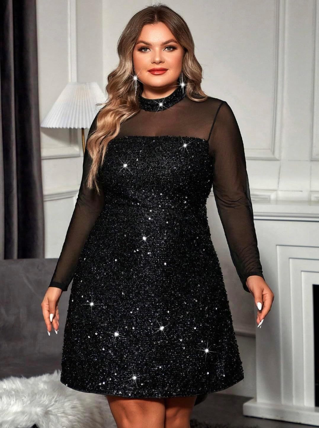 Plus Size Sexy Sheer Mesh Long Sleeve Rhinestones Sequin Party Night Club Dress - Image 2