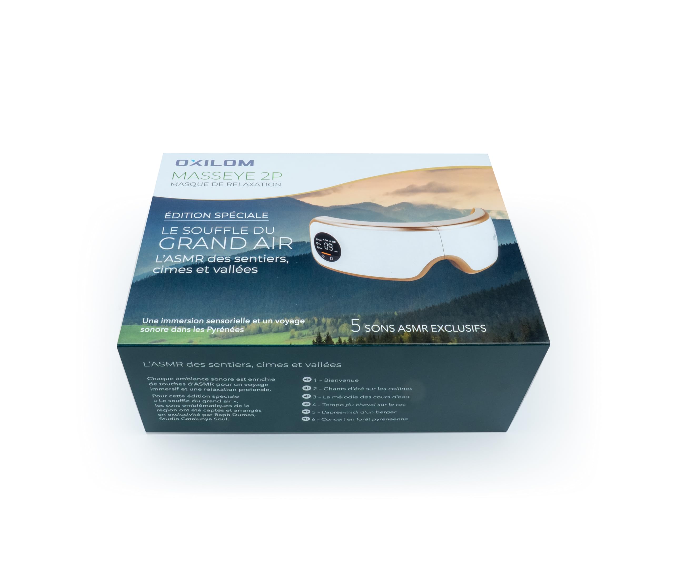 Masque de Relaxation Premium OXILOM MassEye 2P – Sons ASMR intégrés Évasion Montagne – Chaleur, Vibrations, Pression – Soulage Fatigue Visuelle, Stress, Sommeil - Cadeau Bien-Etre