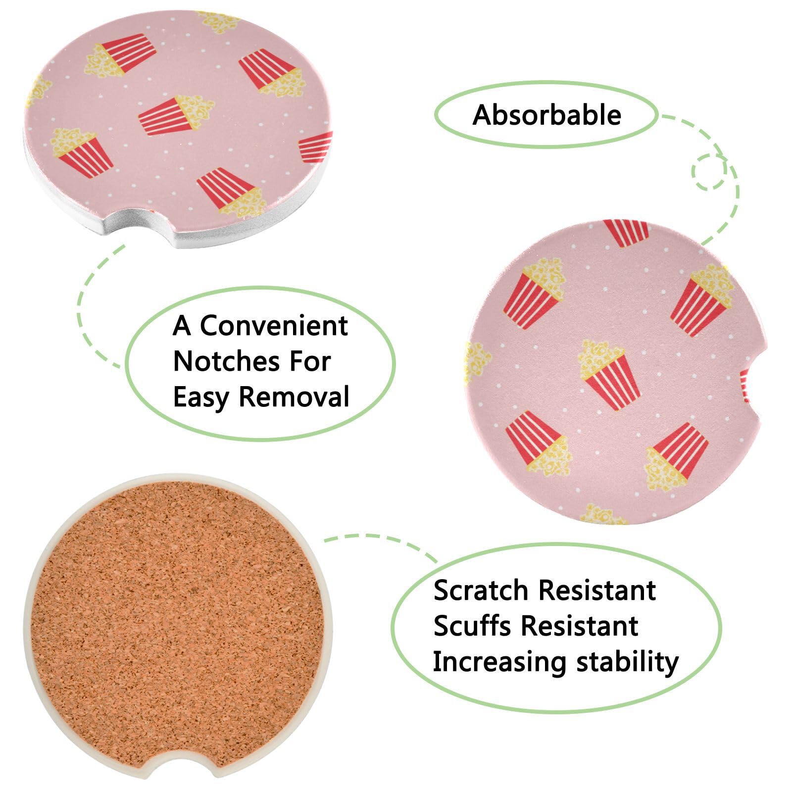 Flradish 2 Pack Popcorn Car Cup Holder Coasters, 2.5 Inch Universal Non-Slip Ceramic Absorbent Coaster with Finger Notch for Vehicle Interior Decor Accessories