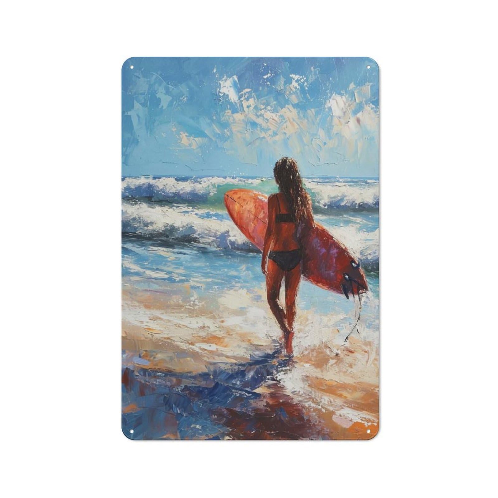 Junmoney Girls Style-21 Surfer On Beach Painting Vintage Tin Sign 30X20cm For Studio Or Craft Room, Suited To Creative-Space Collectors