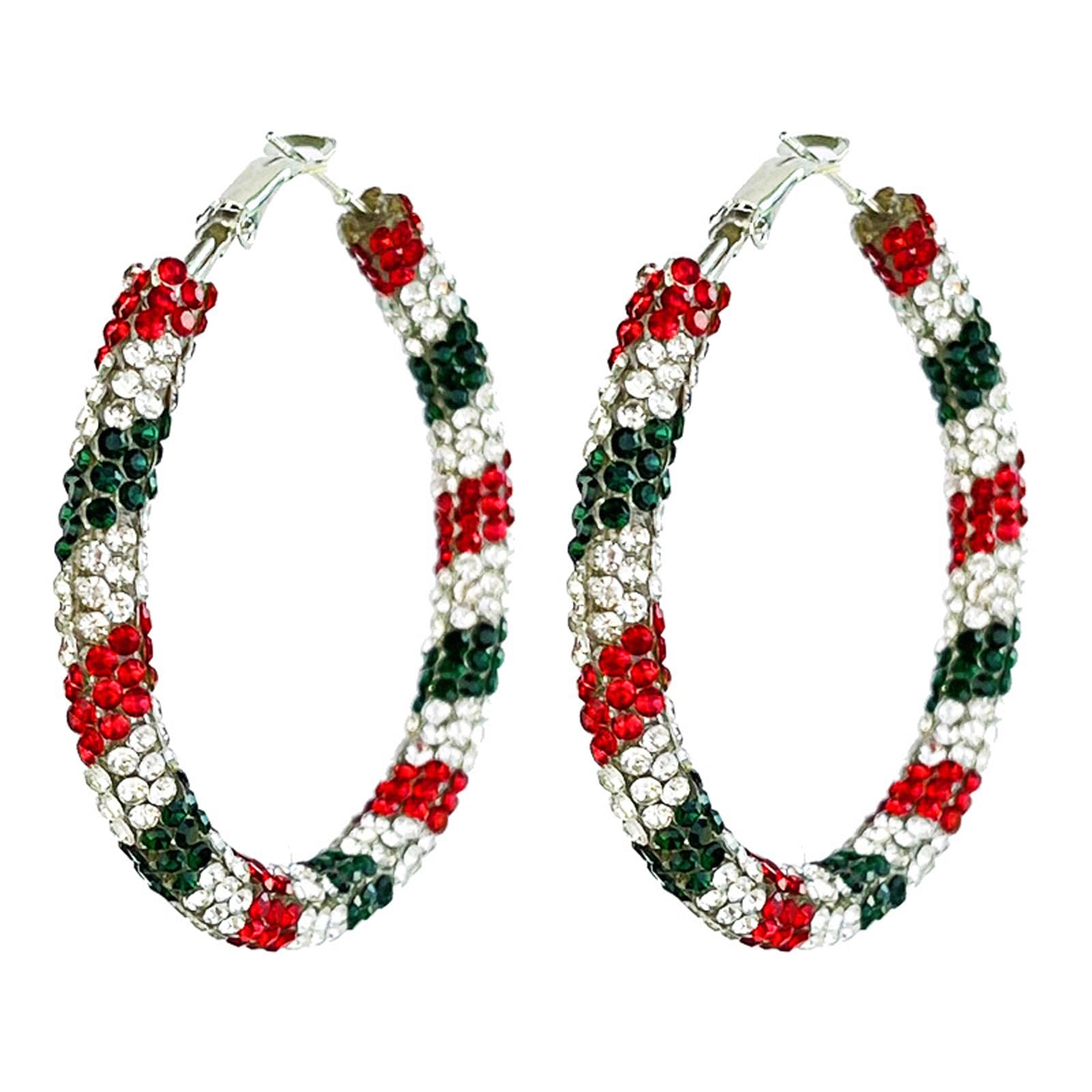 Colorful Shiny Glitter Christmas Sequins Wrapped Big Hoop Earrings Handmade Sparkle Rhinestone Crystal Red Green White Circle Round Dangle Earrings