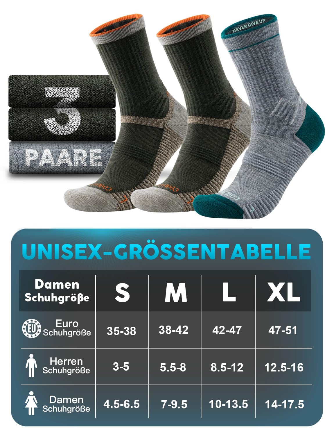 Juclise Merinowolle Wandersocken Herren Kompression Anti Blasen Gepolstert Wollsocken Anti-Schweiß Atmungsaktiv Trekkingsocken