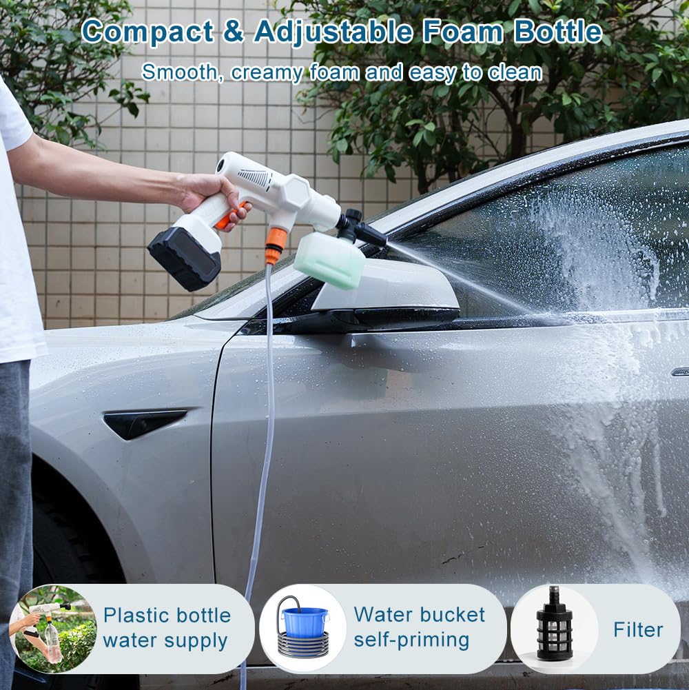 Idropulitrice Portatile Senza Fili 80Bar: Pistola Alta Pressione Professionale a Batteria con Autoadescante - Kit Completo Schiumogeno per Auto/Terrazzo/Balcone/Facciate-Upgrade